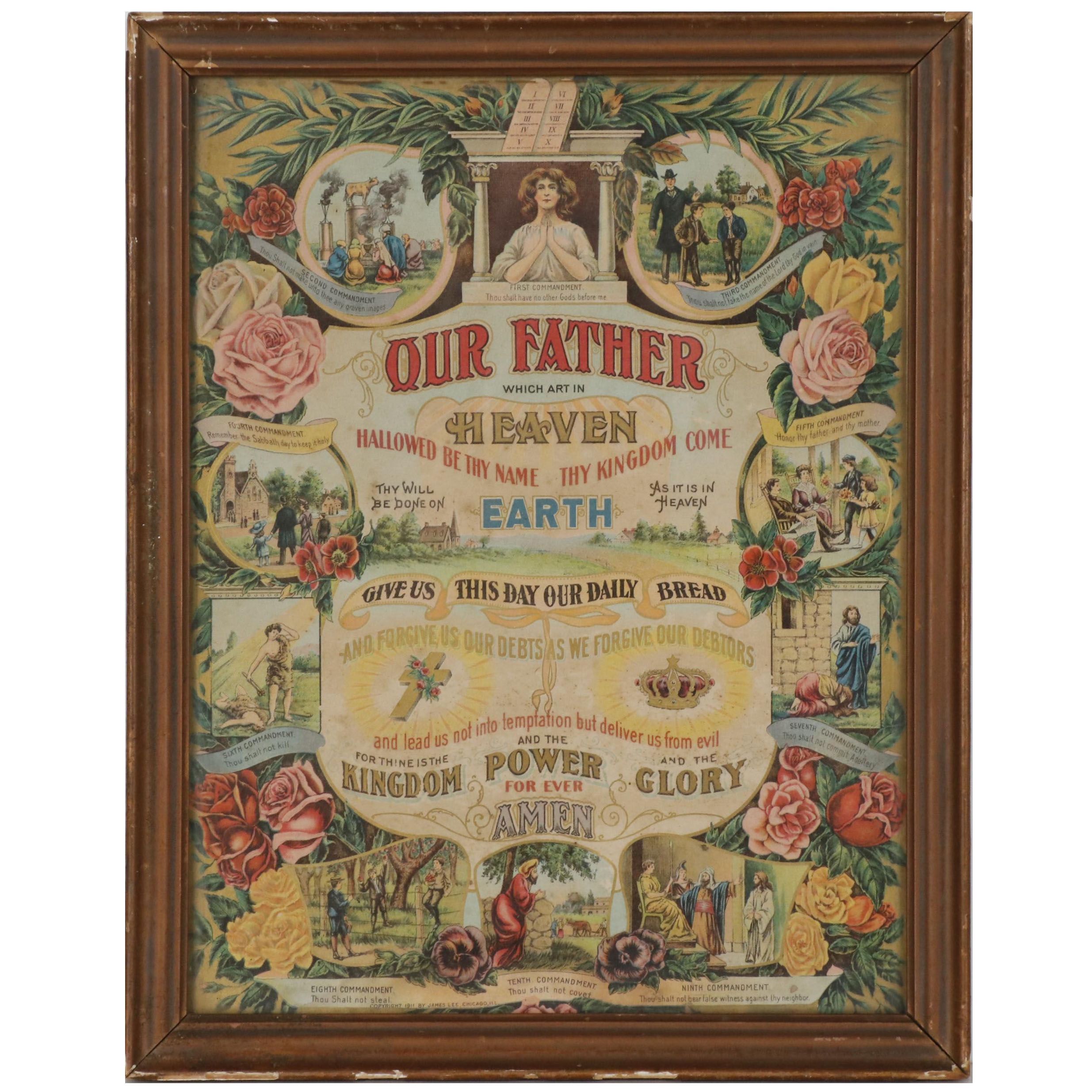 Chromolithograph of Illustrated Lord's Prayer and Ten Commandments, 1911
