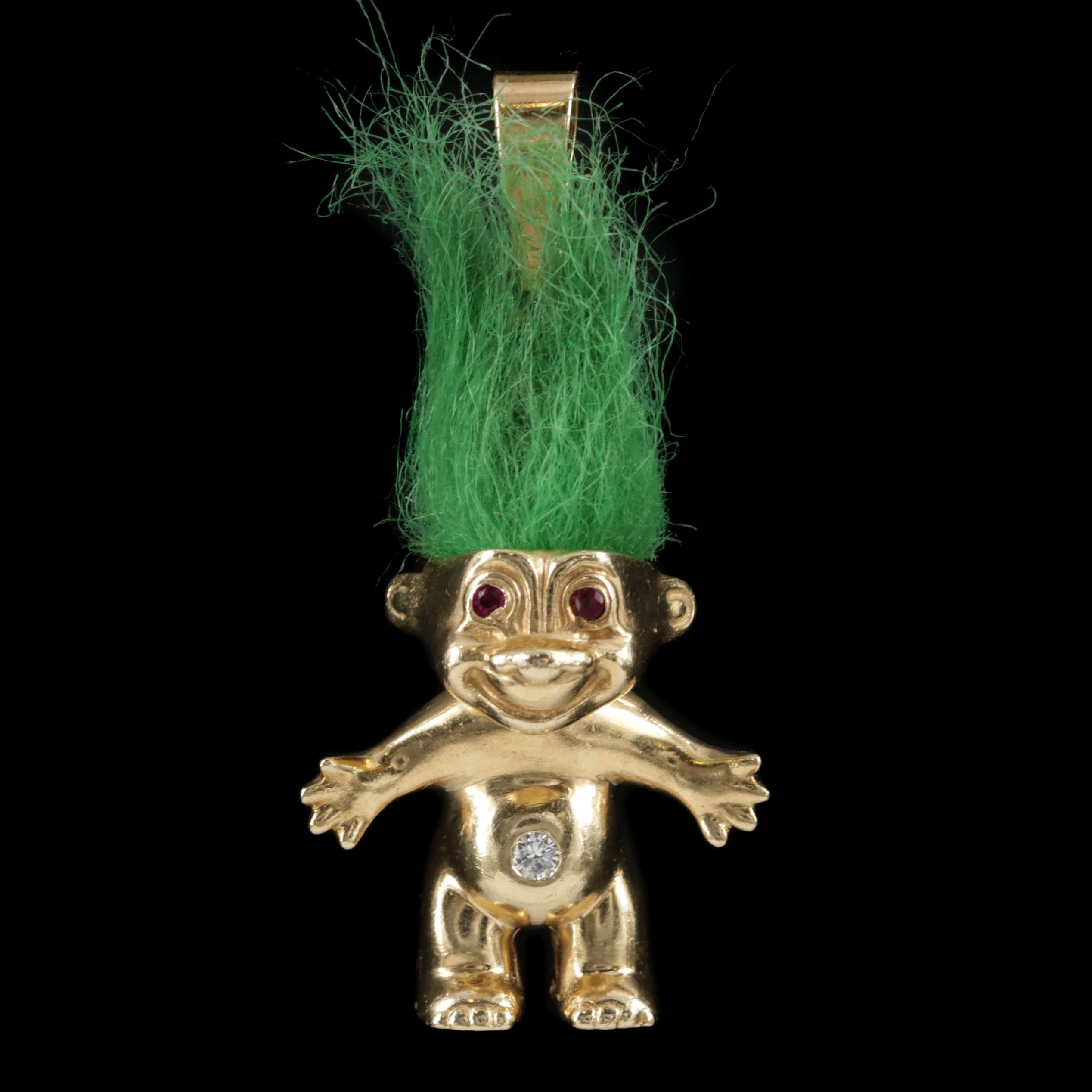 14K Yellow Gold Ruby and Diamond Spiky Hair Troll Pendant