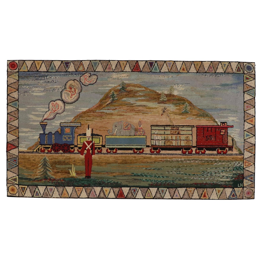 American Folk Art Hooked Rug of a Circus Train, Early to Mid 20th Century