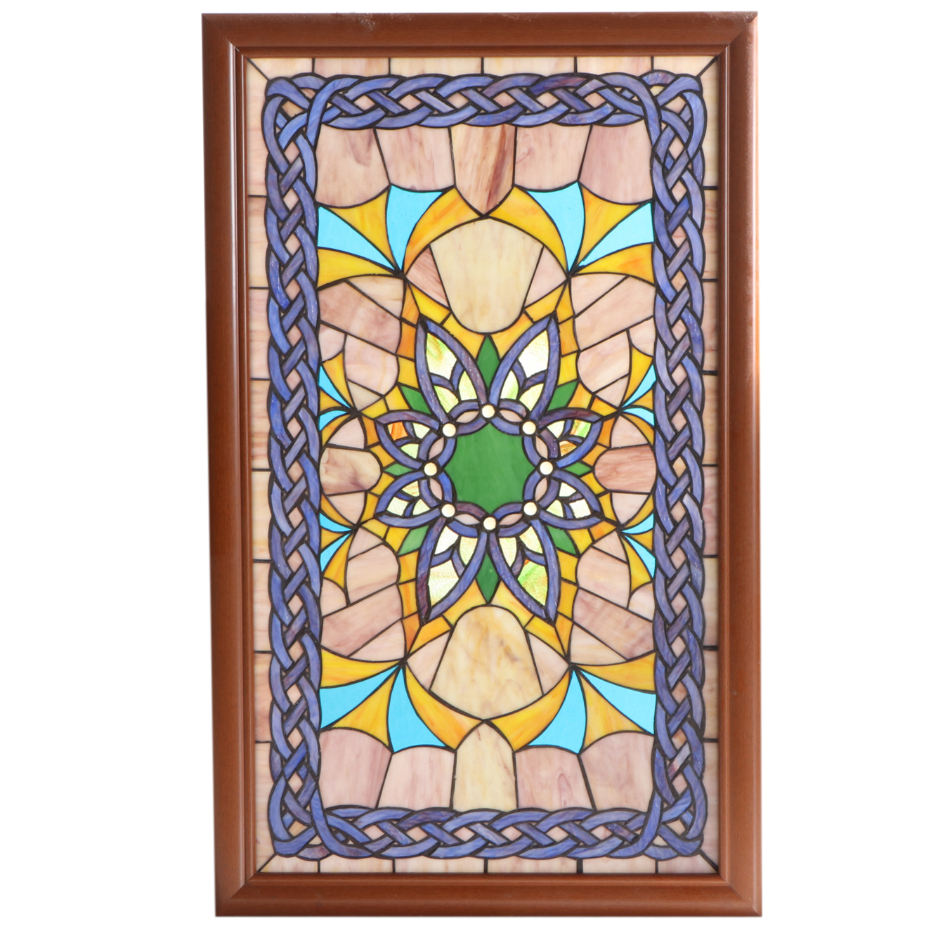 Framed Stained Glass Window with Woven Cable Border, Late 20th Century