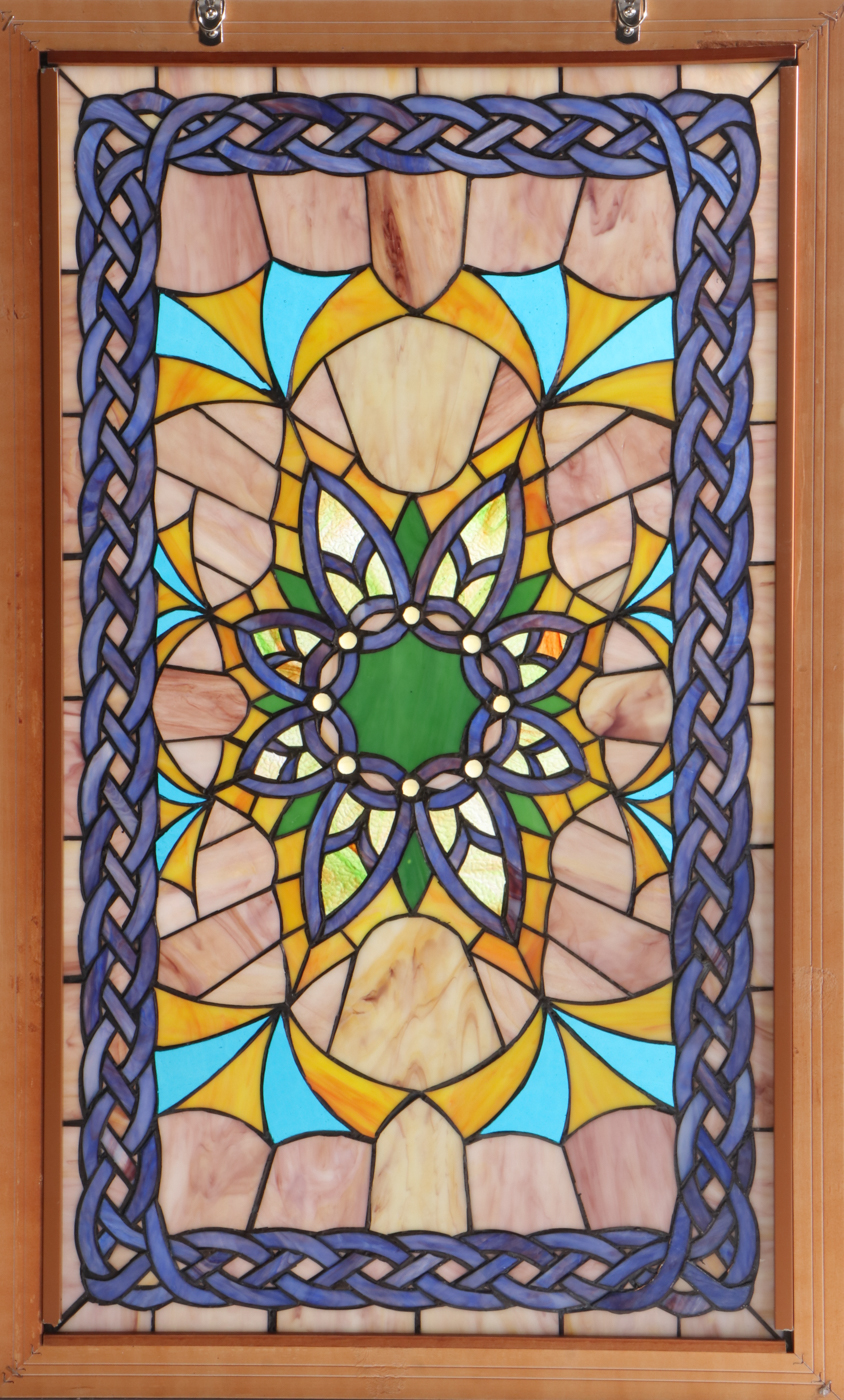 Framed Stained Glass Window with Woven Cable Border, Late 20th Century
