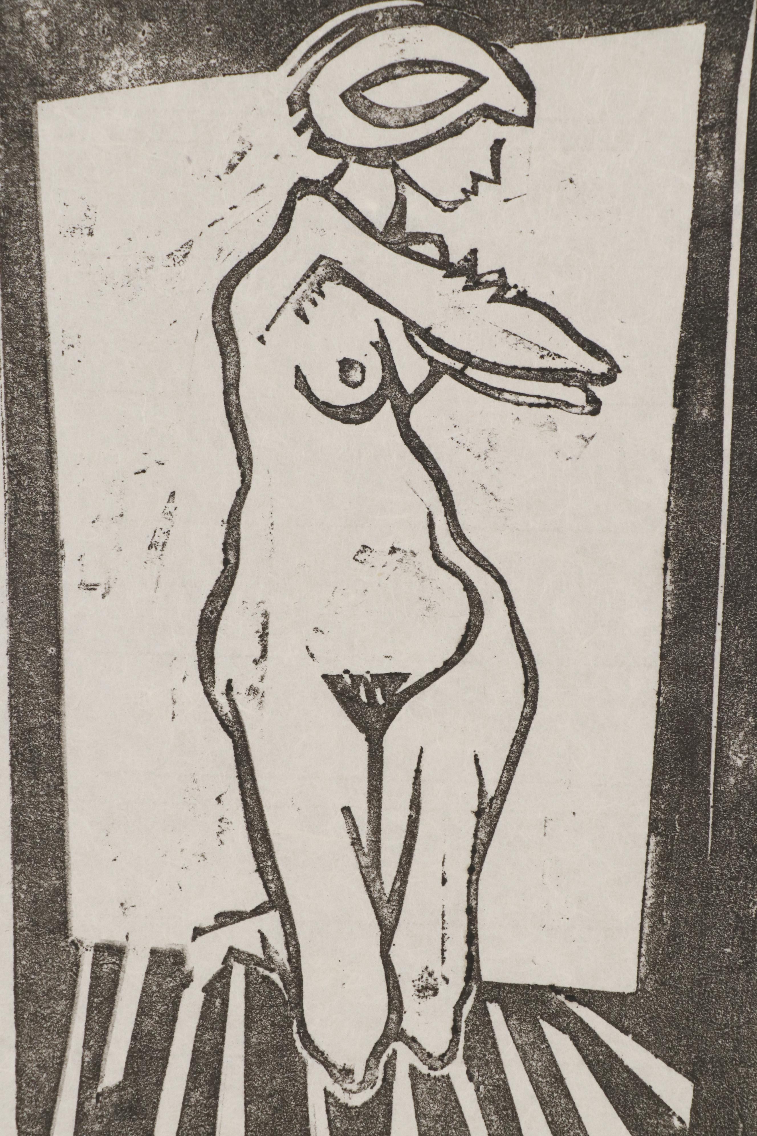 Leonard Maurer Woodcut of Kneeling Female Nude, 1961