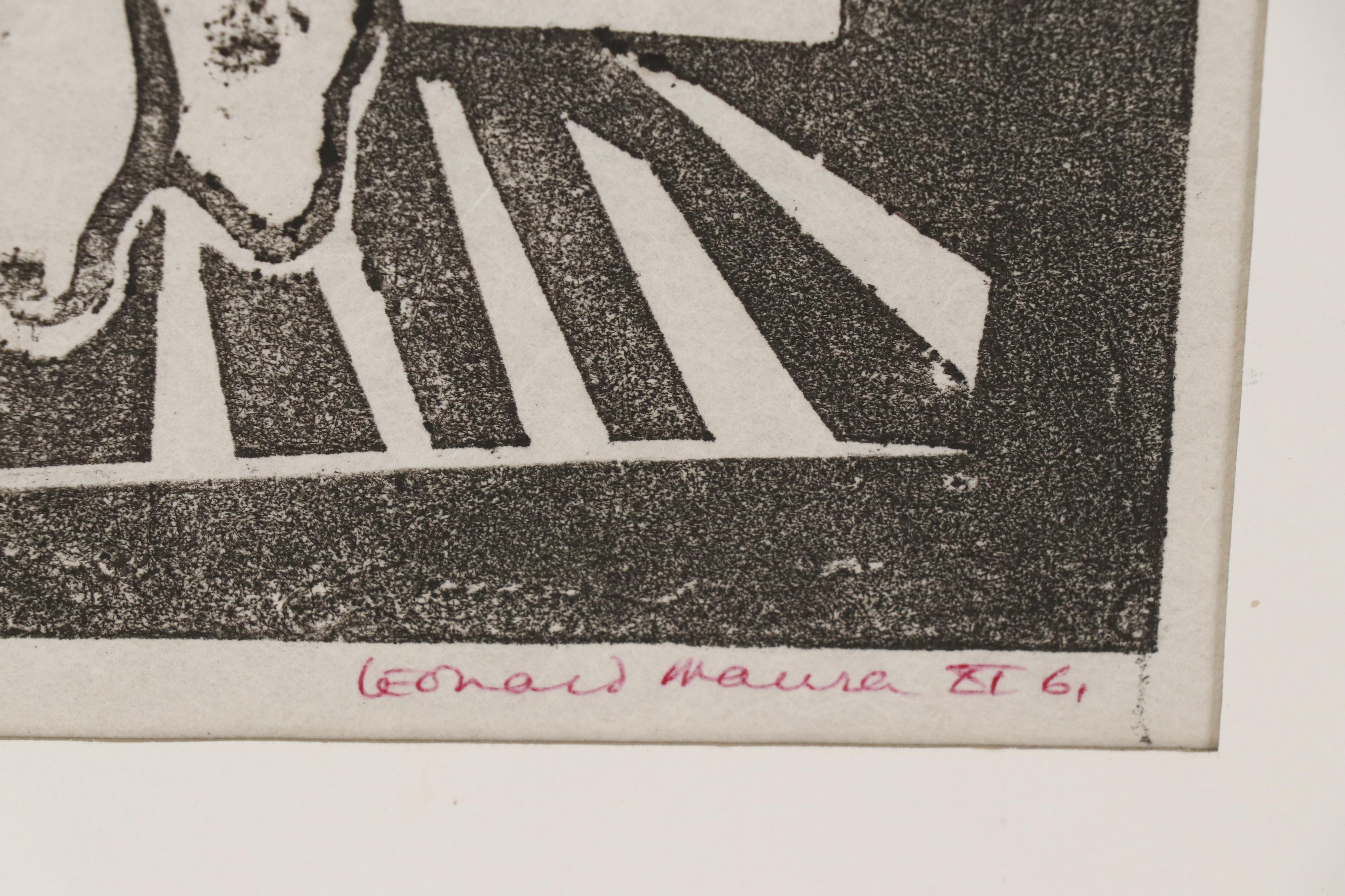 Leonard Maurer Woodcut of Kneeling Female Nude, 1961