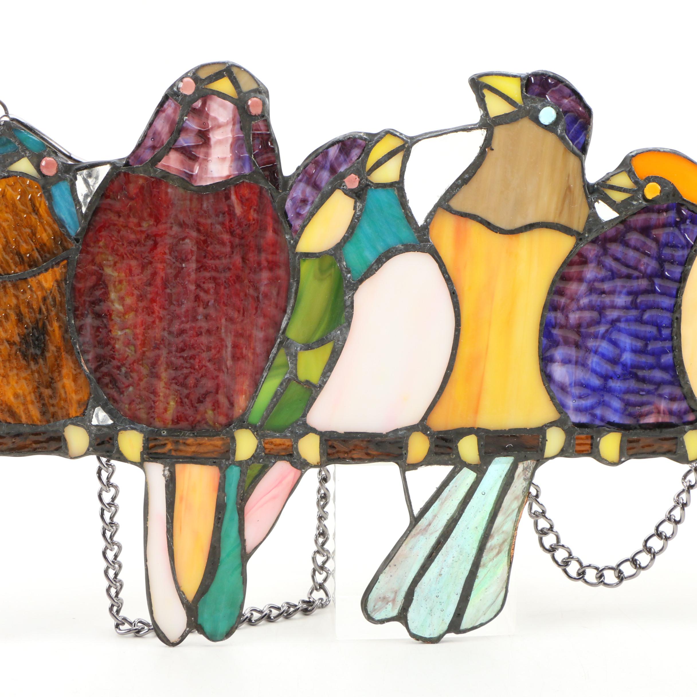 Stained Glass Birds on Branch Hanging Panel