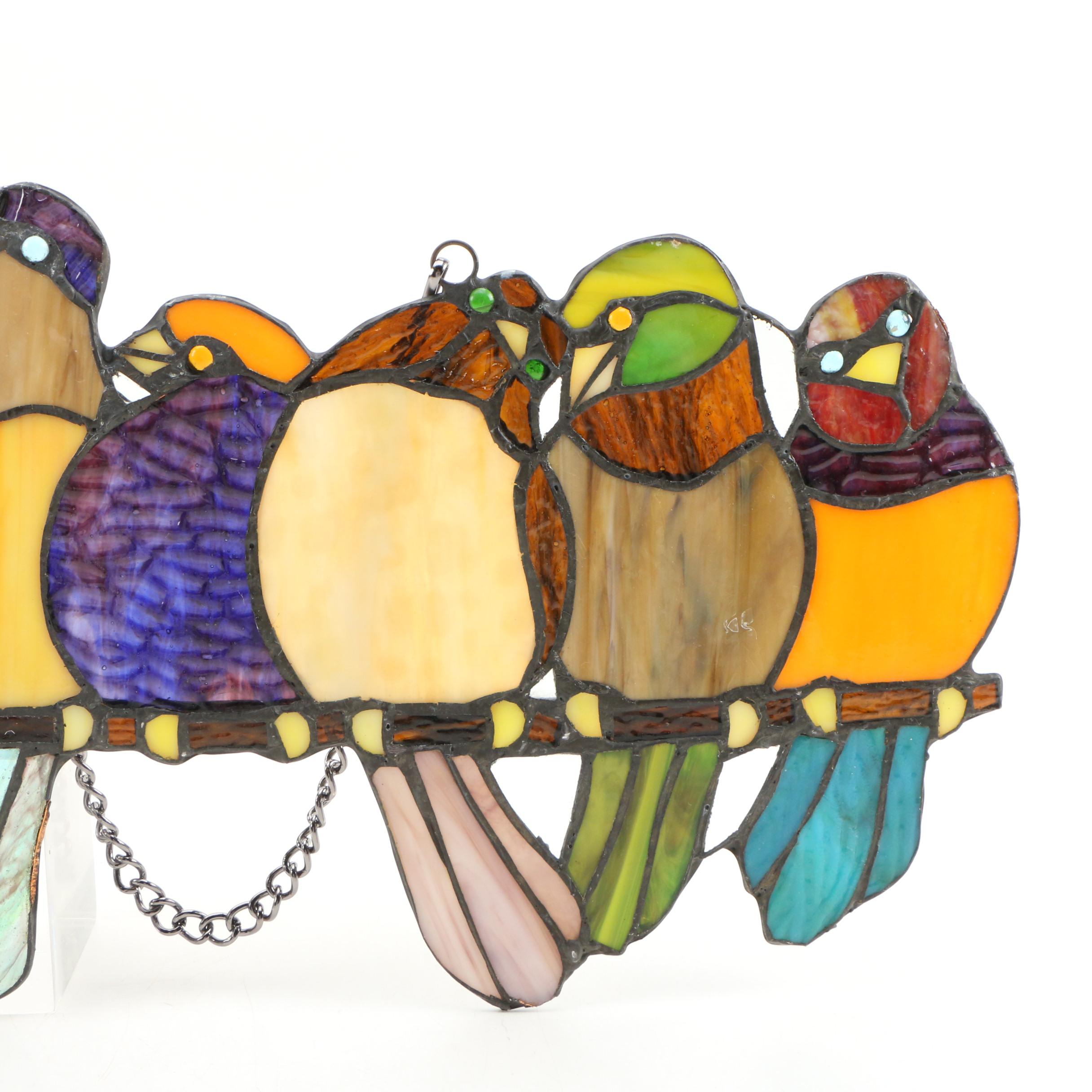 Stained Glass Birds on Branch Hanging Panel