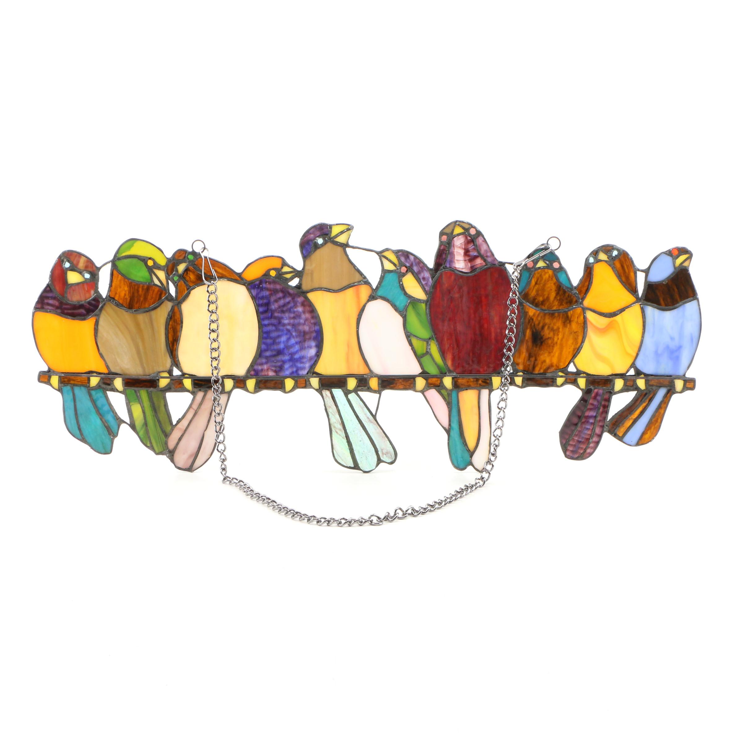 Stained Glass Birds on Branch Hanging Panel