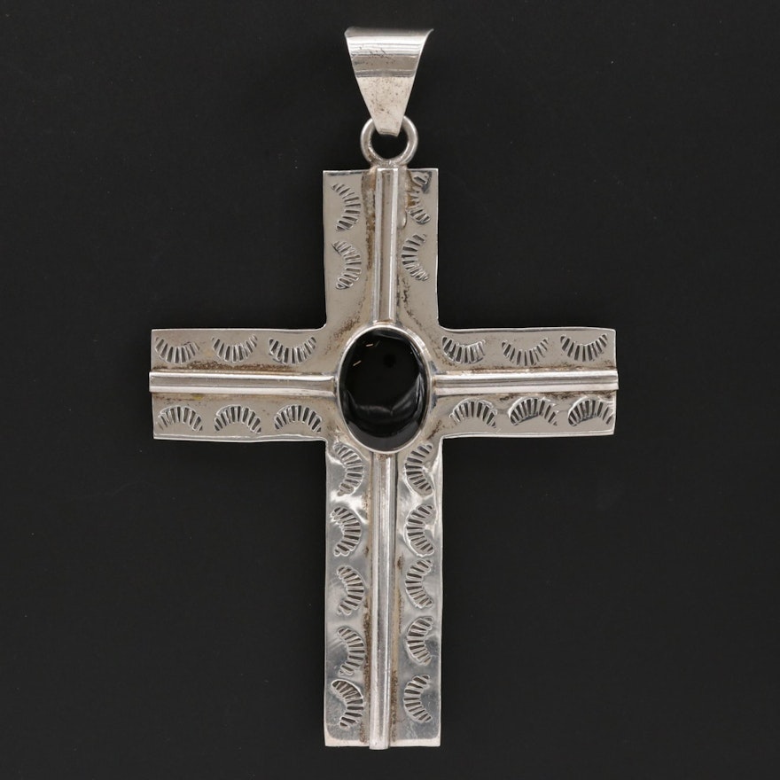 Mexican Sterling Silver Black Resin Stamp Work Cross Pendant