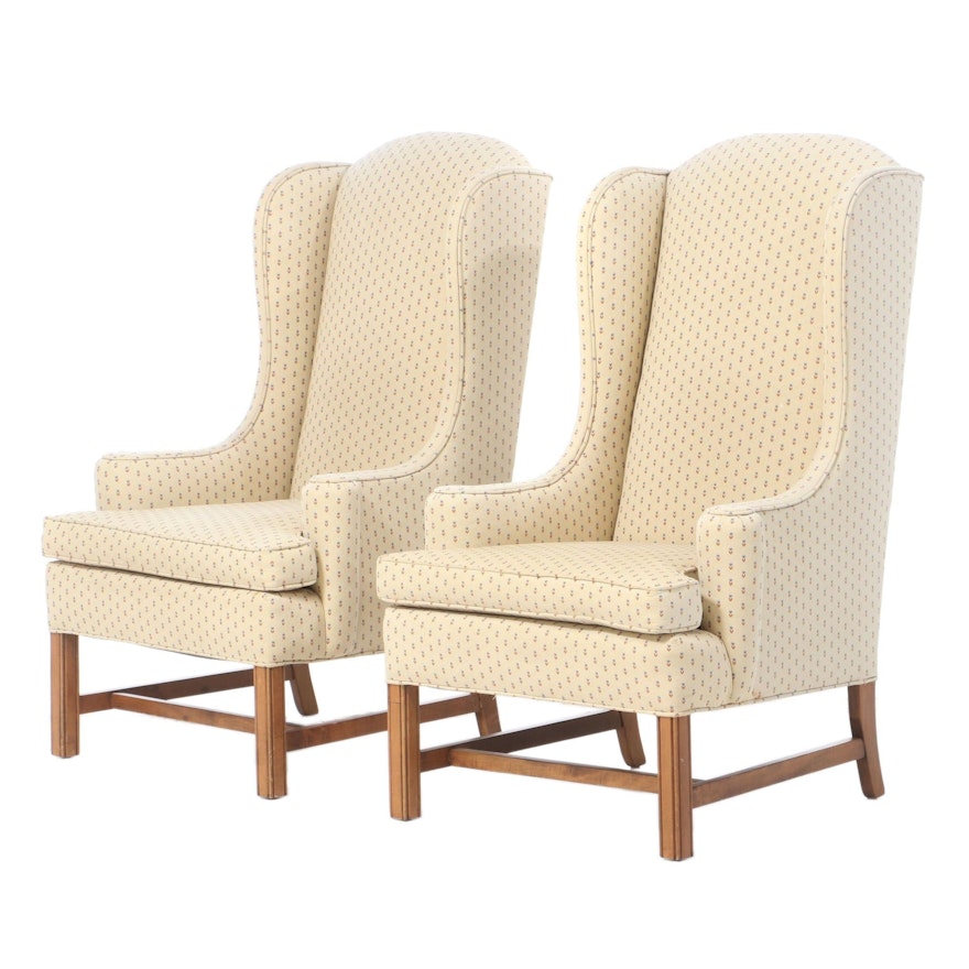 Chippendale Style Ethan Allen Upholstered Wing Back Arm Chairs
