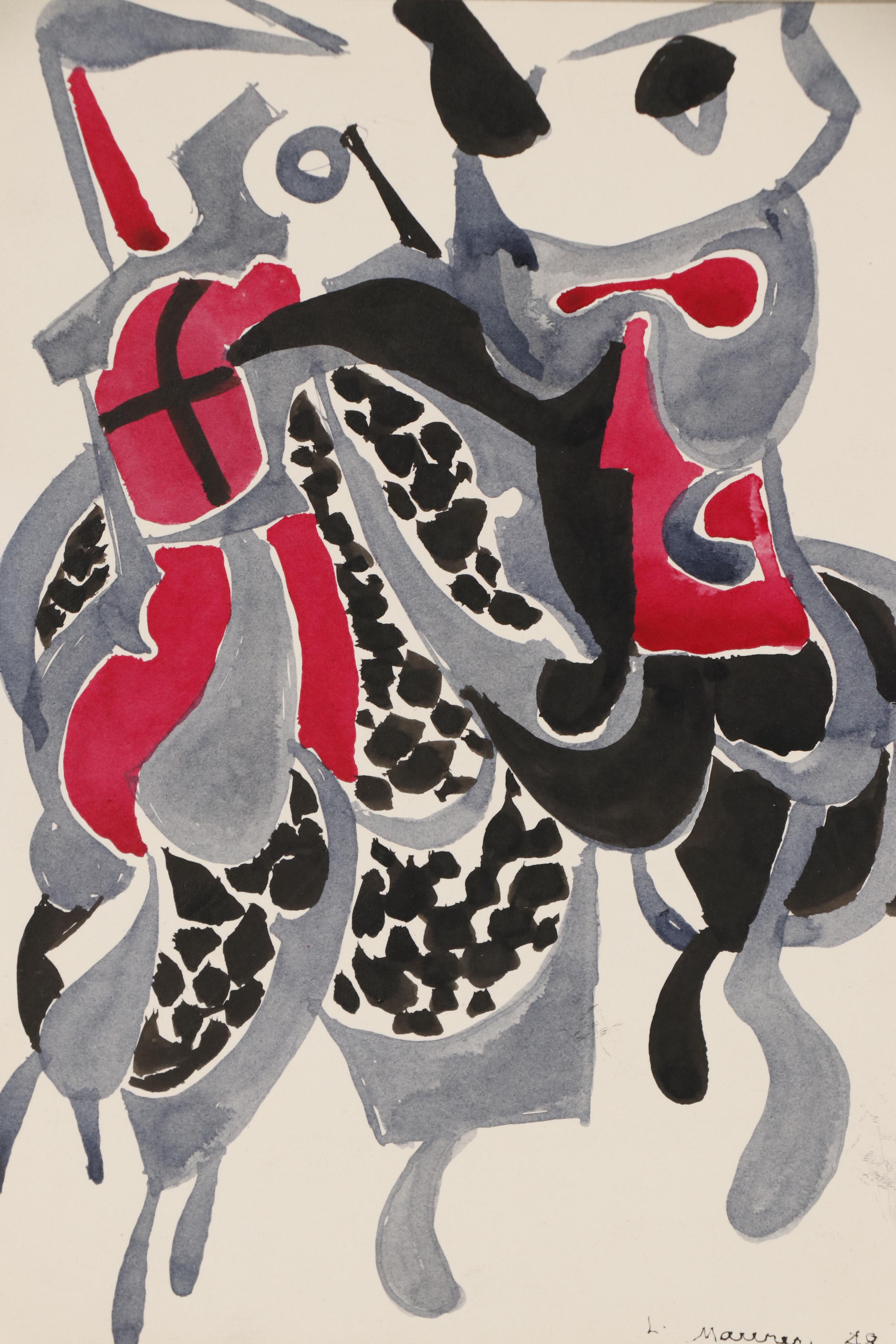 Leonard Maurer Abstract Watercolor Painting "Combat", 1948