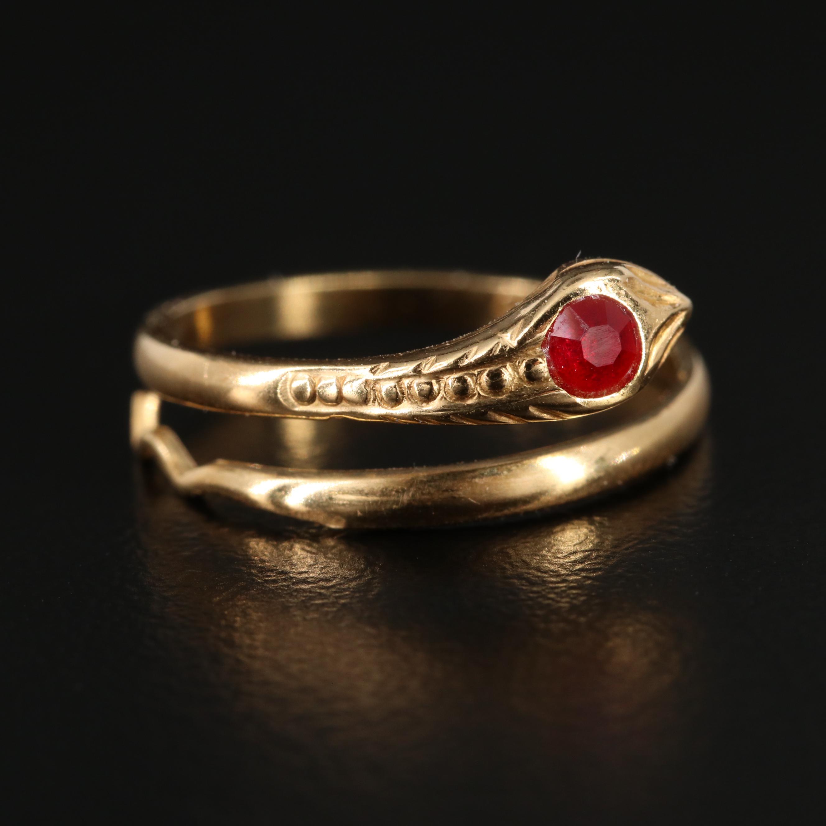 18K Yellow Gold Snake Ring With Red Glass Eyes