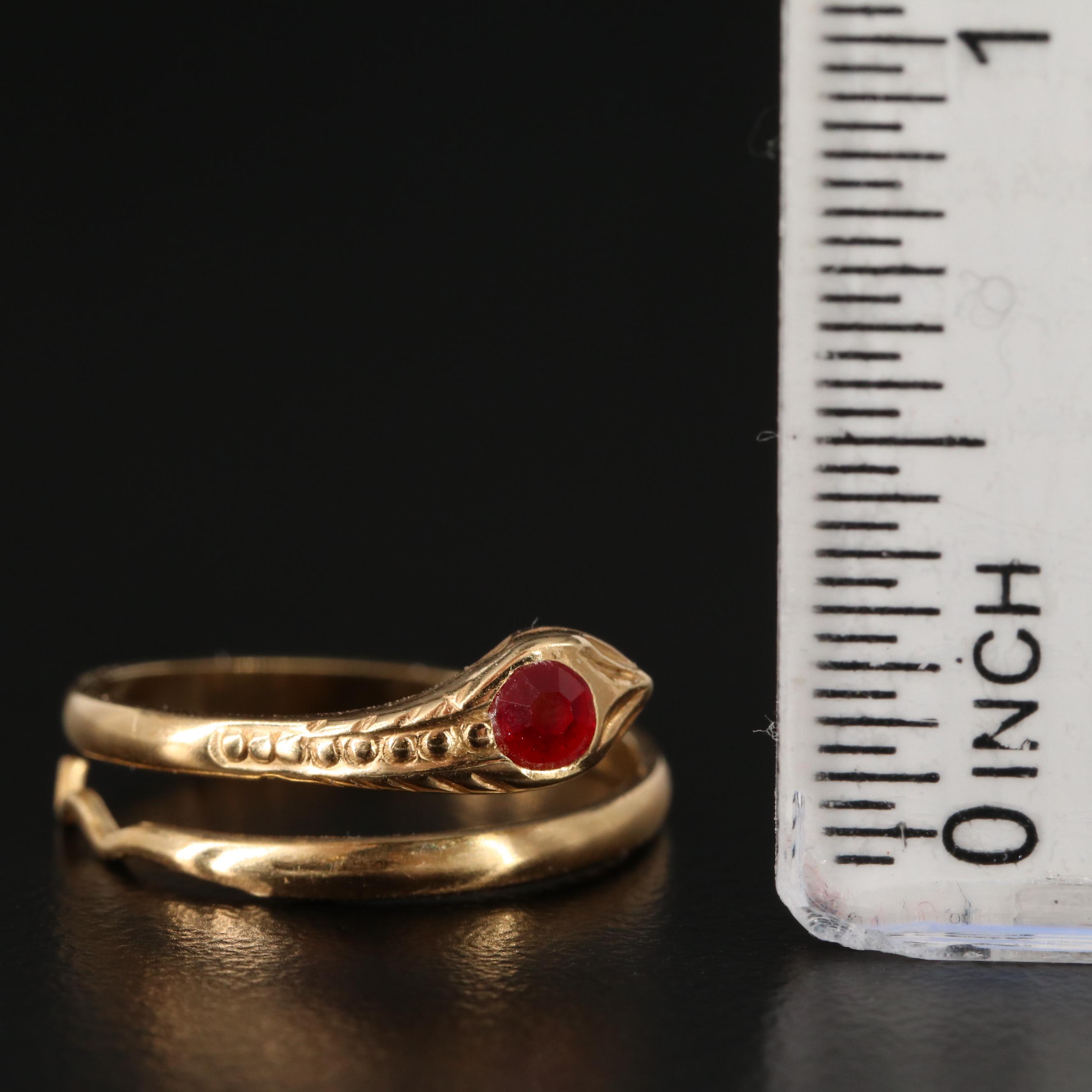 18K Yellow Gold Snake Ring With Red Glass Eyes
