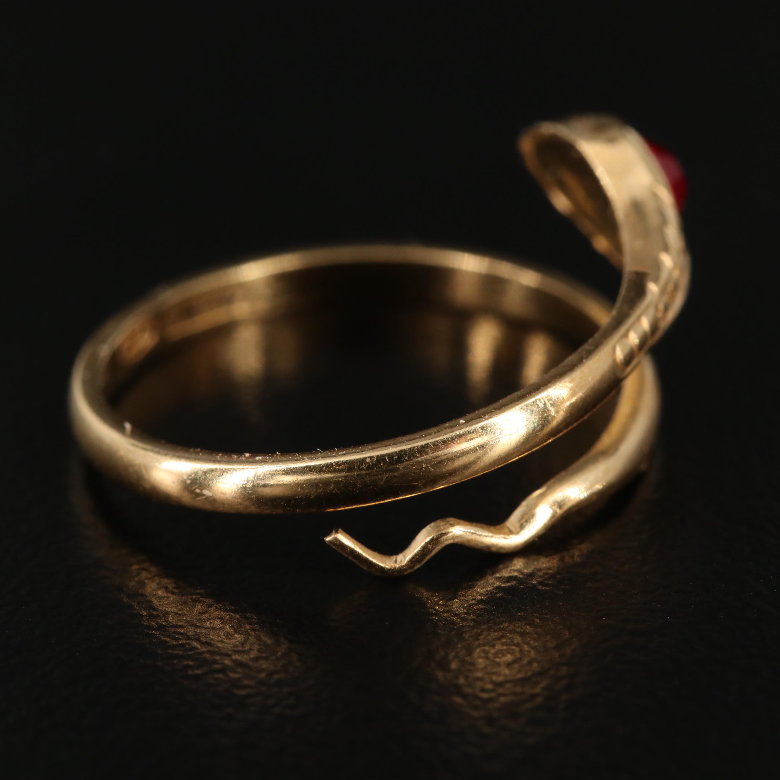 18K Yellow Gold Snake Ring With Red Glass Eyes