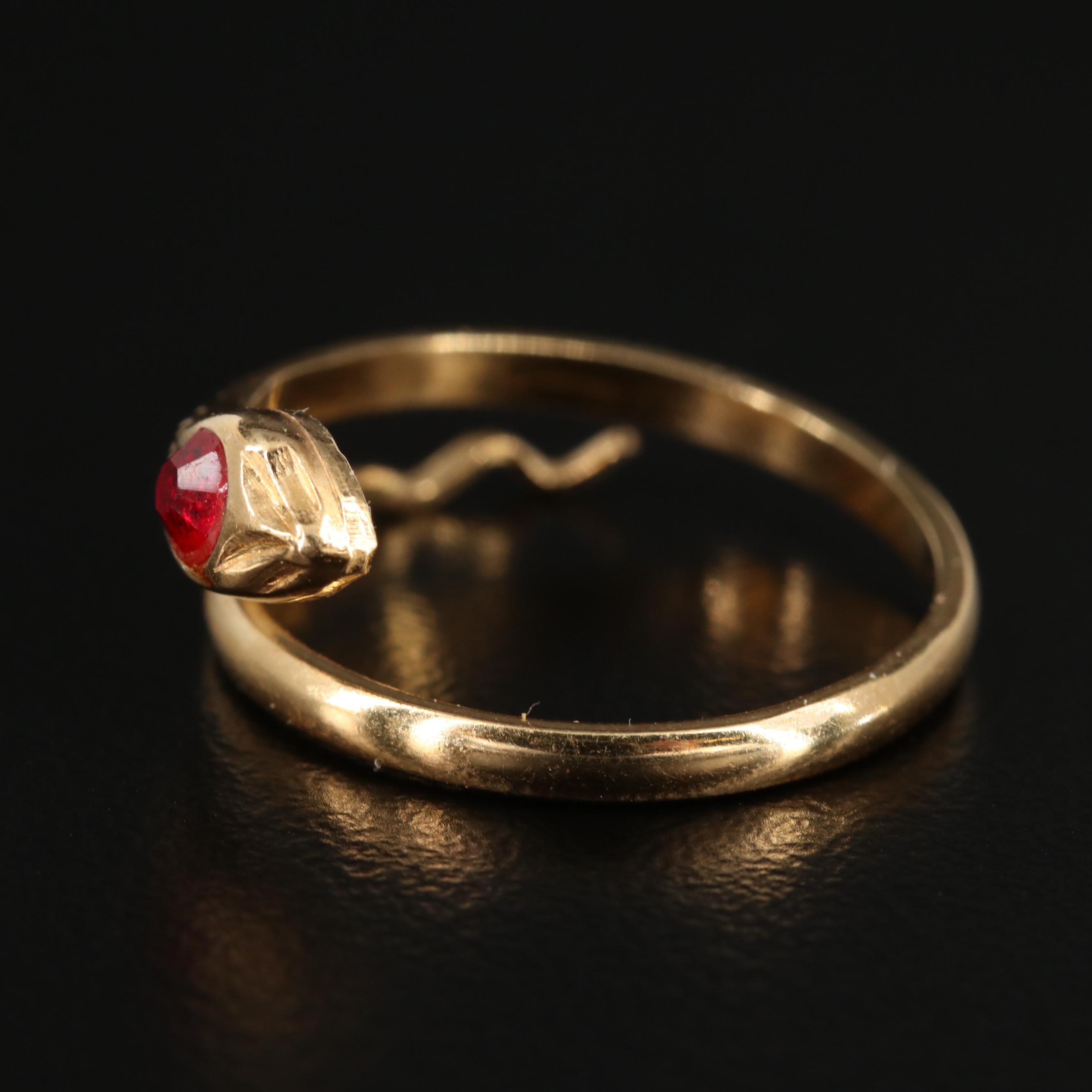 18K Yellow Gold Snake Ring With Red Glass Eyes