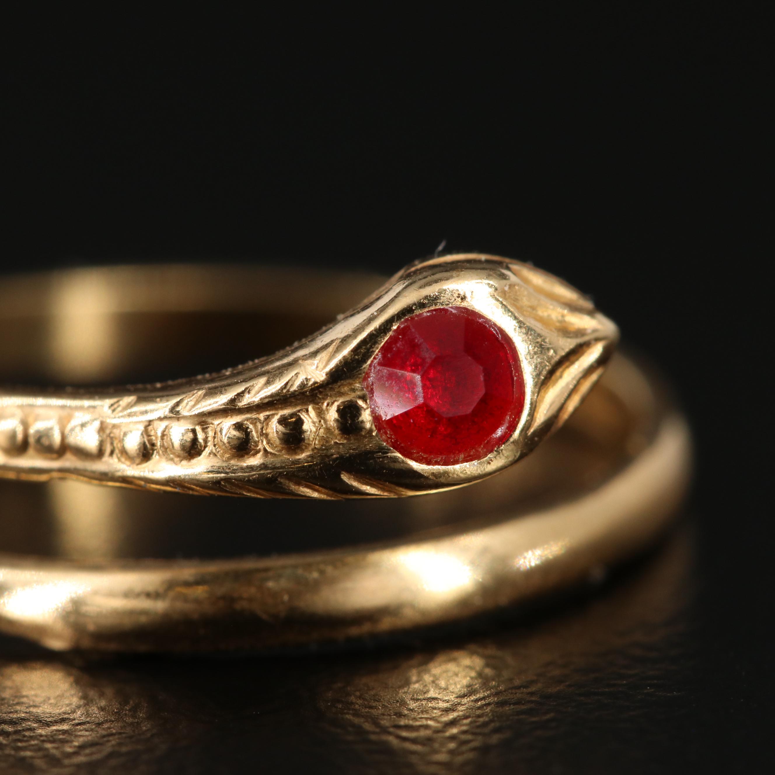 18K Yellow Gold Snake Ring With Red Glass Eyes