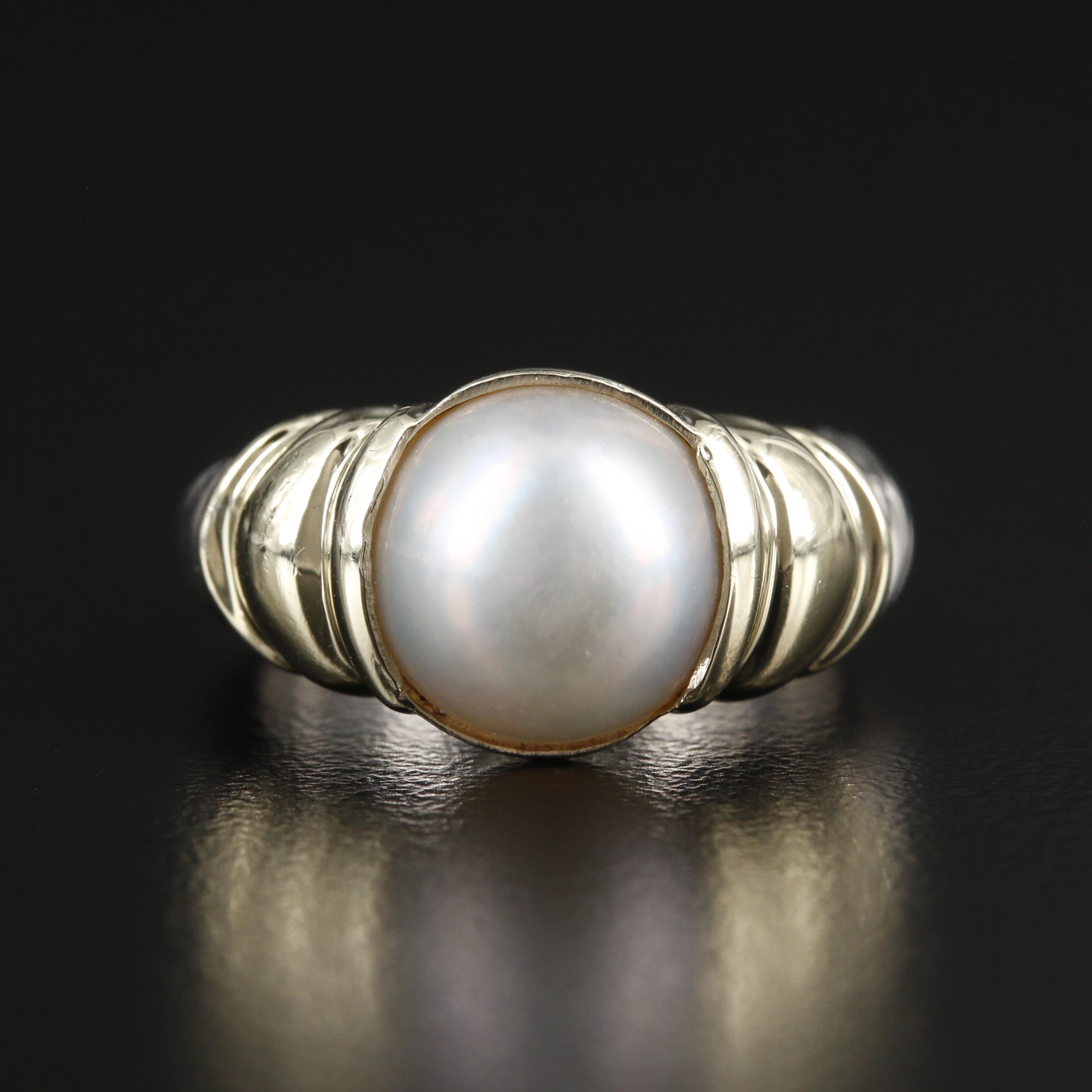 David Yurman Sterling Silver Pearl Cable Ring with 14K Gold Accents