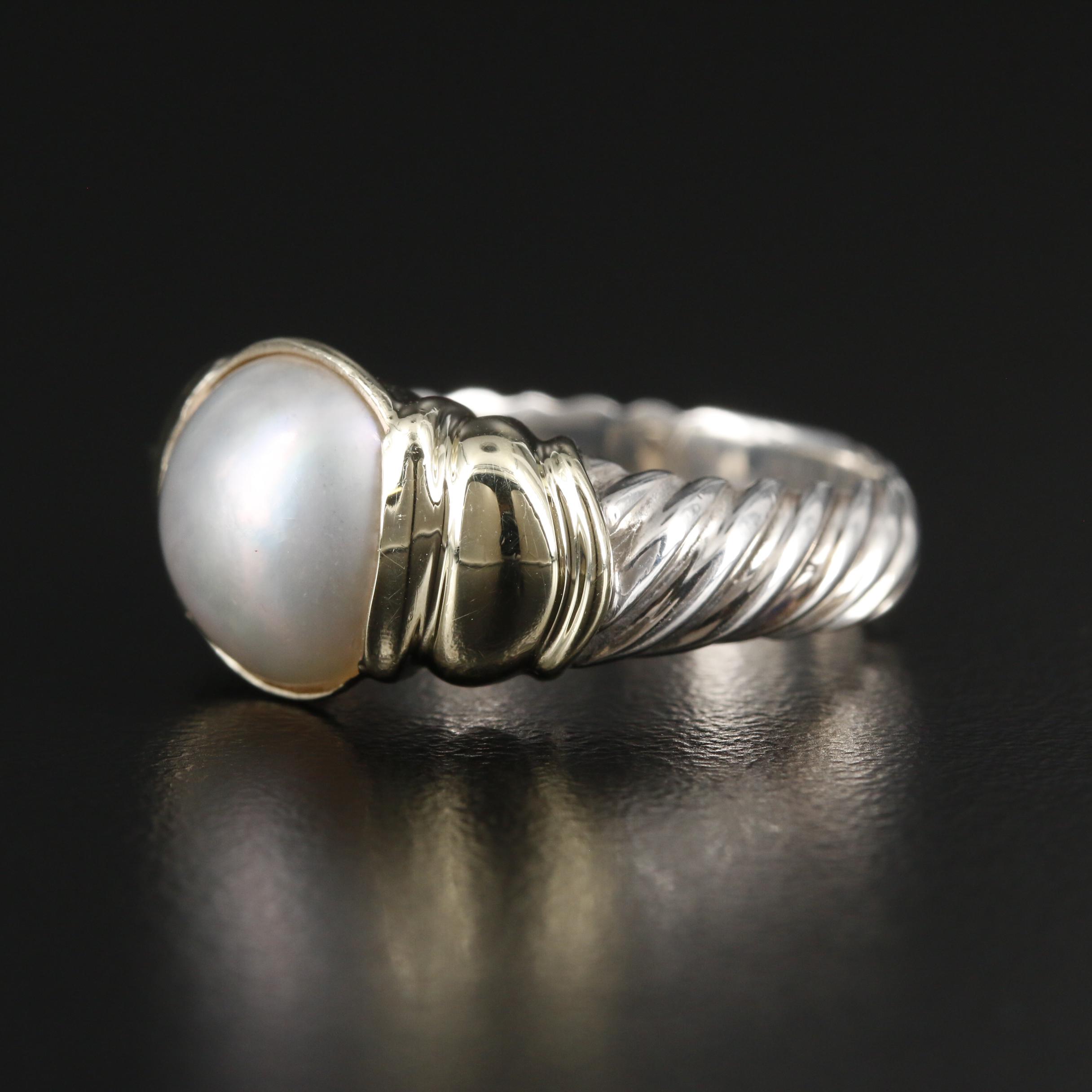David Yurman Sterling Silver Pearl Cable Ring with 14K Gold Accents
