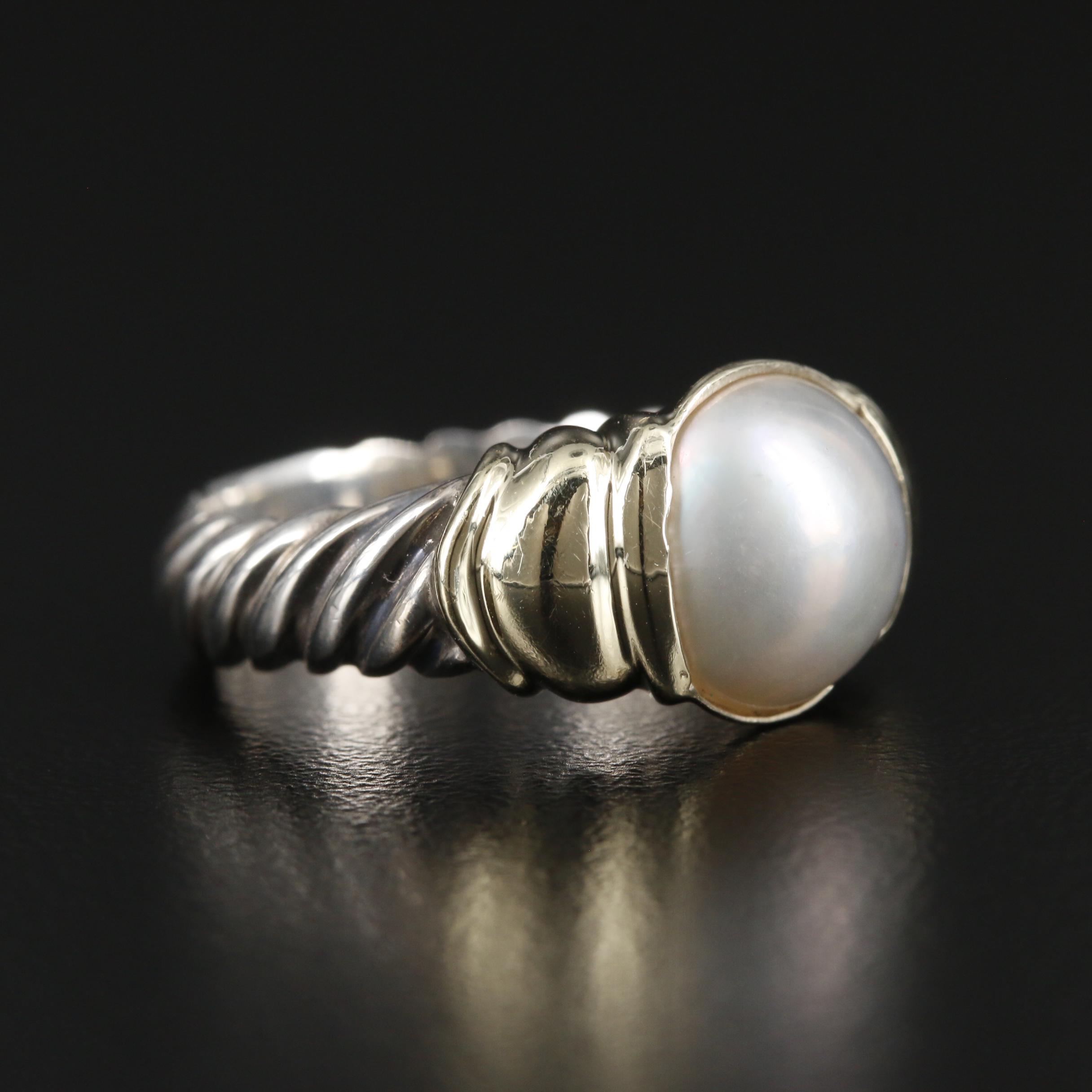 David Yurman Sterling Silver Pearl Cable Ring with 14K Gold Accents