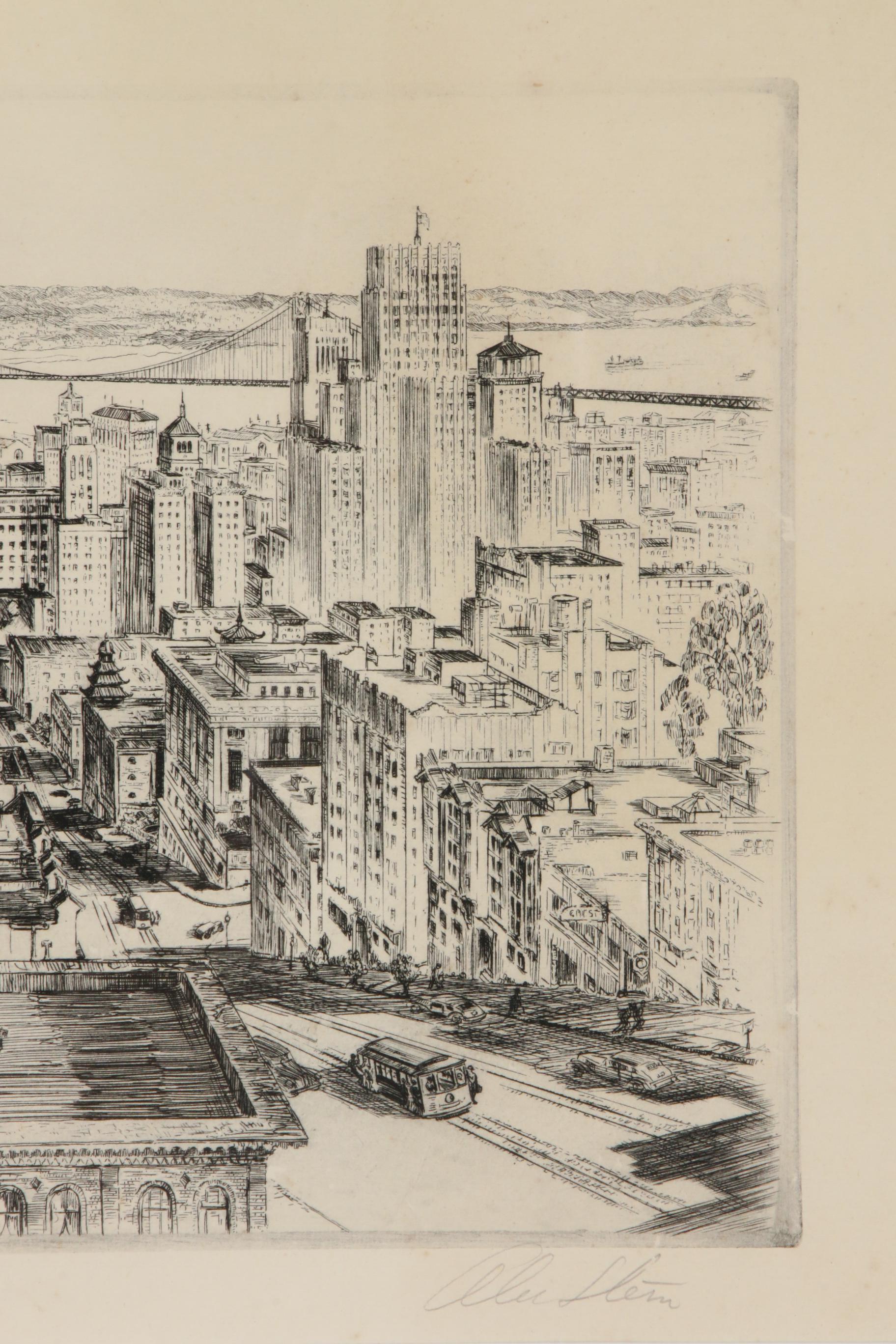 Alec Stern Drypoint Etching "San Francisco from Nob Hill," 20th Century