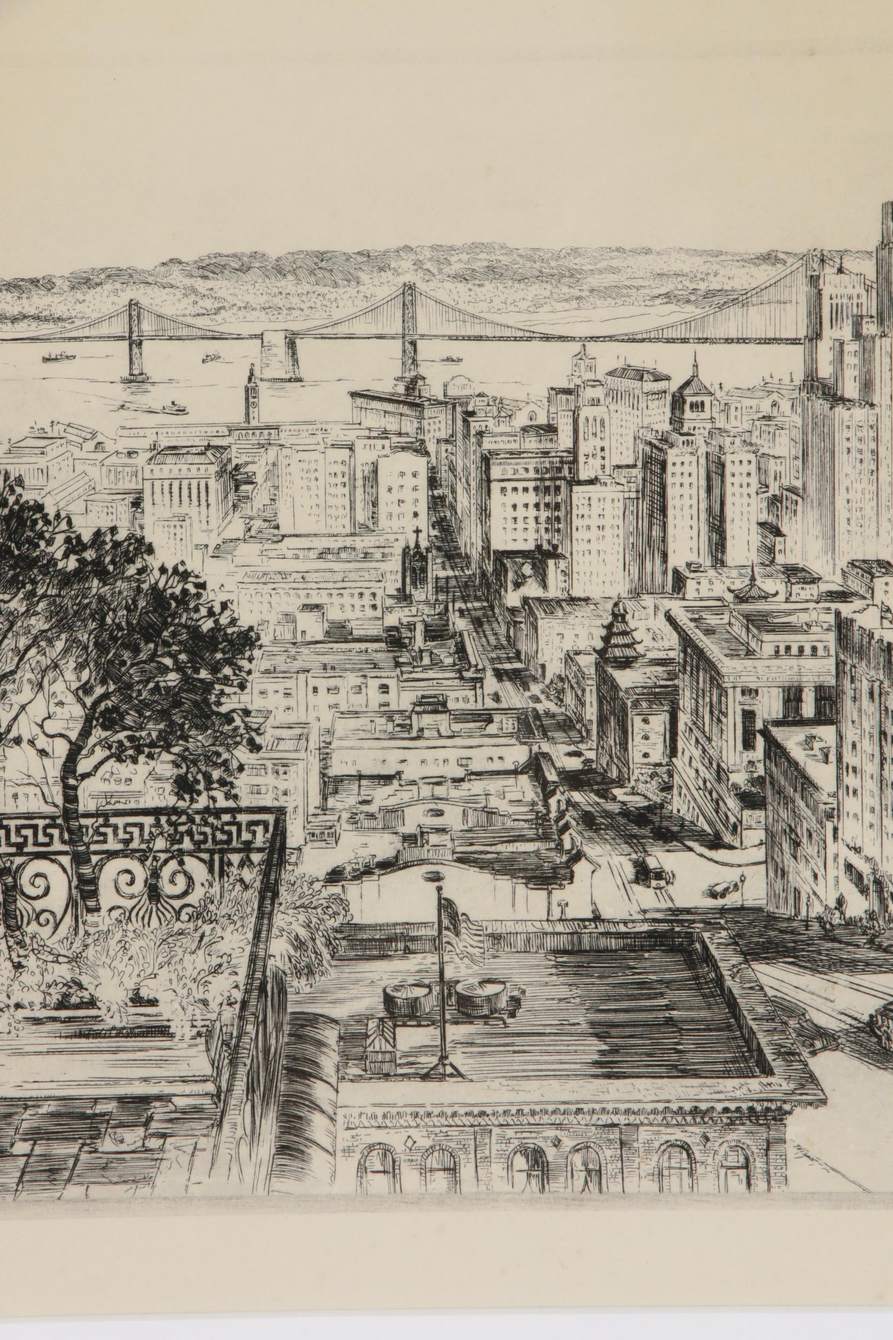 Alec Stern Drypoint Etching "San Francisco from Nob Hill," 20th Century