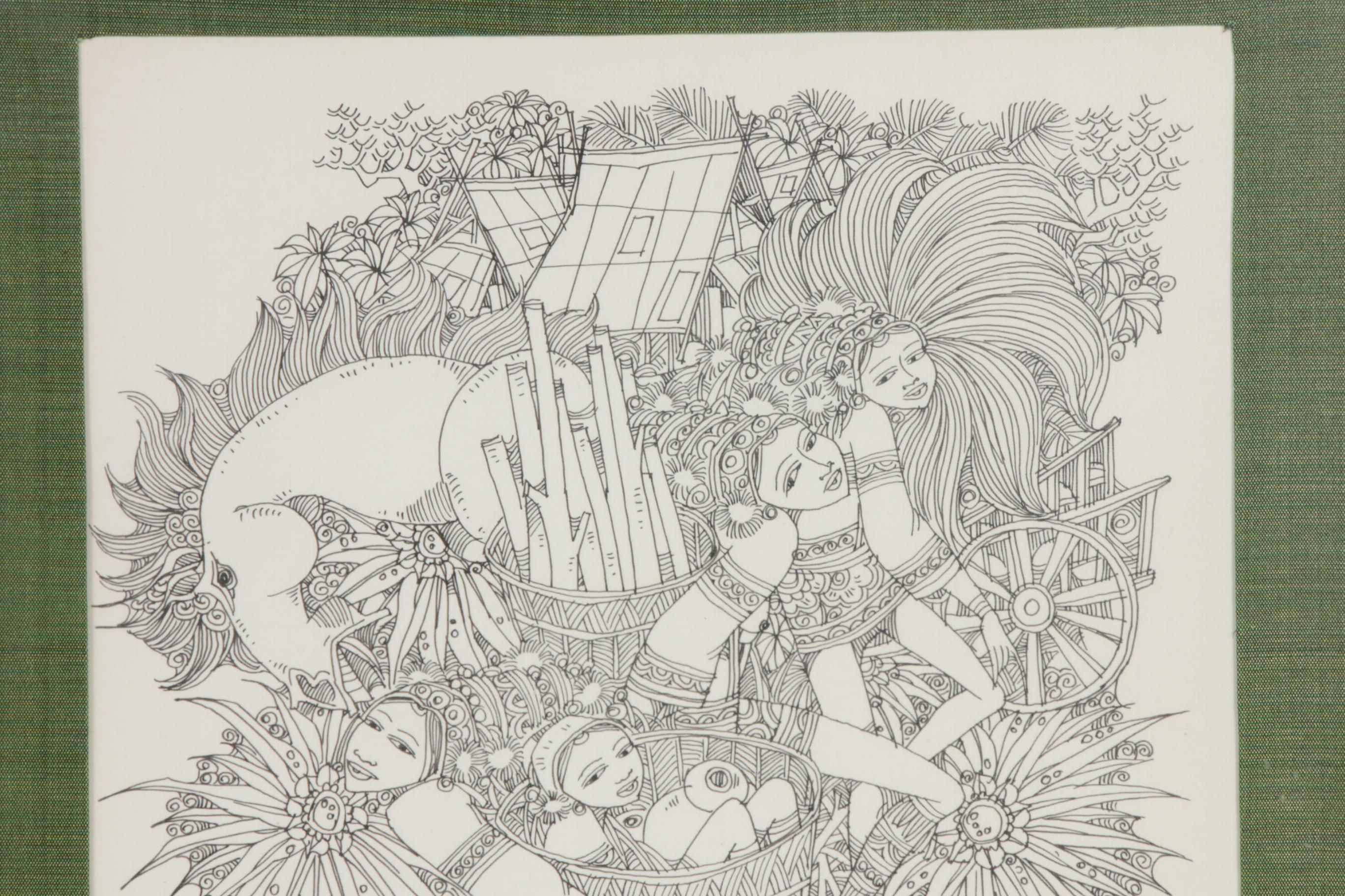 Sriboon Sanong Ink Drawing of Women Carrying Baskets, 1974