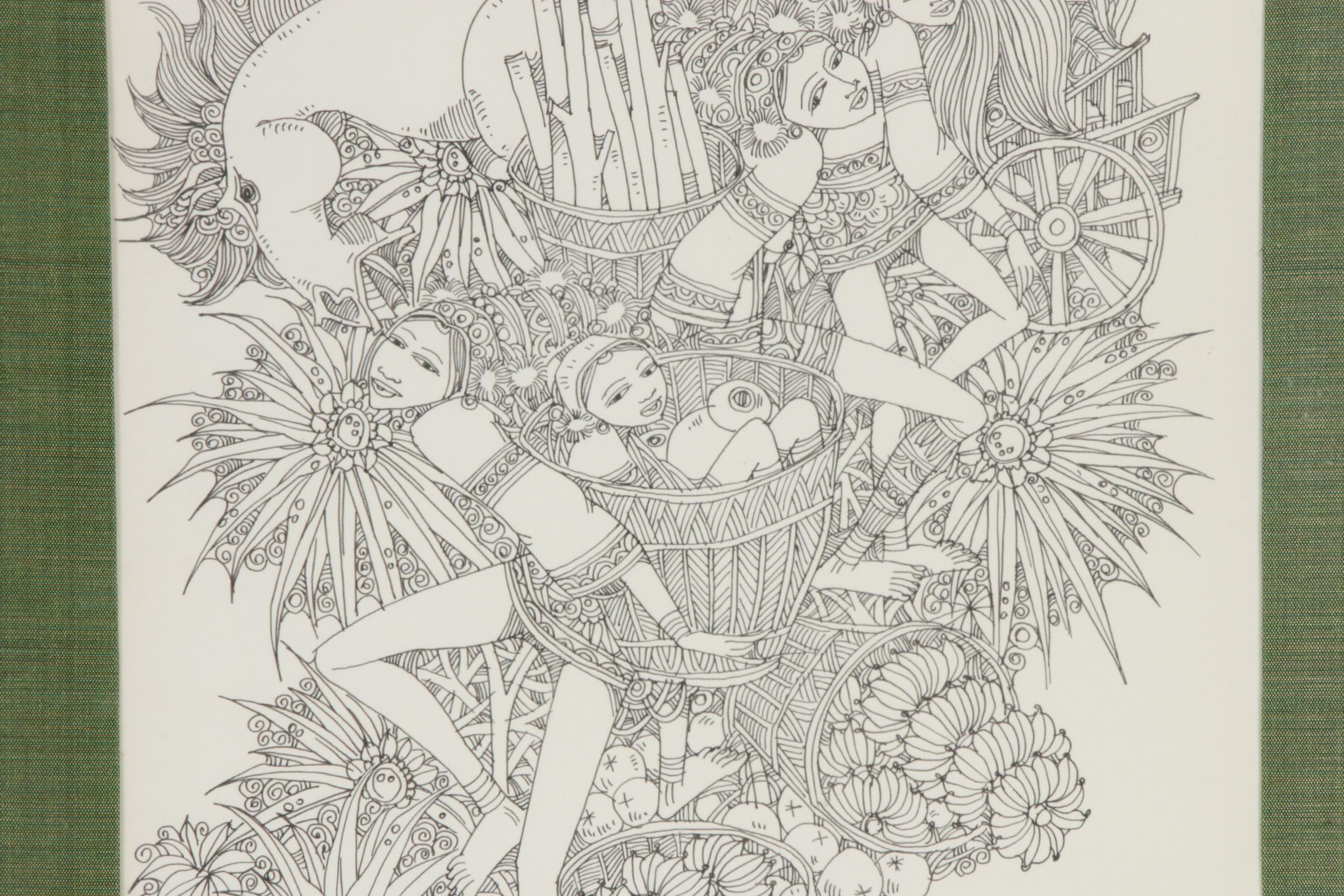 Sriboon Sanong Ink Drawing of Women Carrying Baskets, 1974