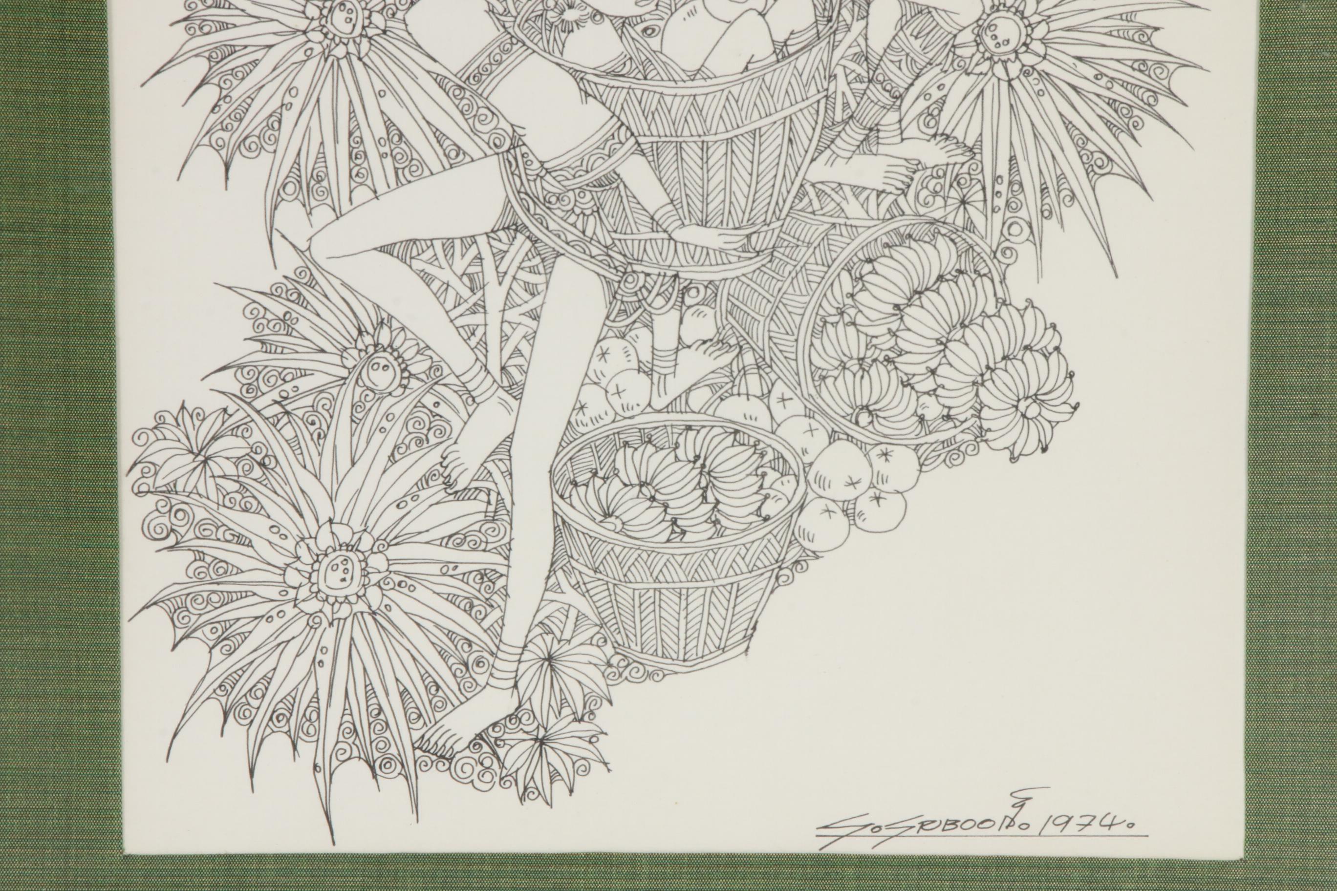 Sriboon Sanong Ink Drawing of Women Carrying Baskets, 1974