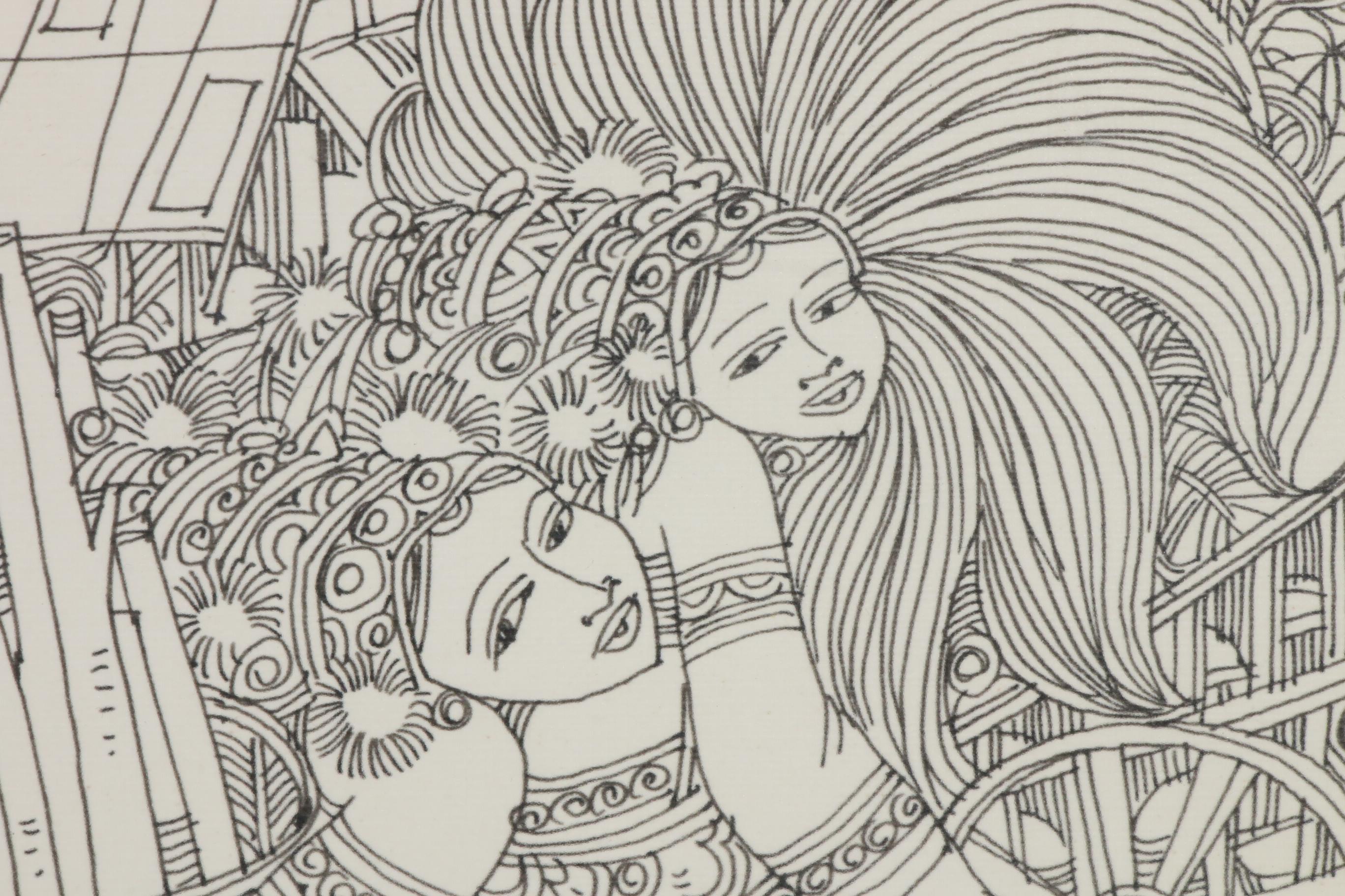 Sriboon Sanong Ink Drawing of Women Carrying Baskets, 1974