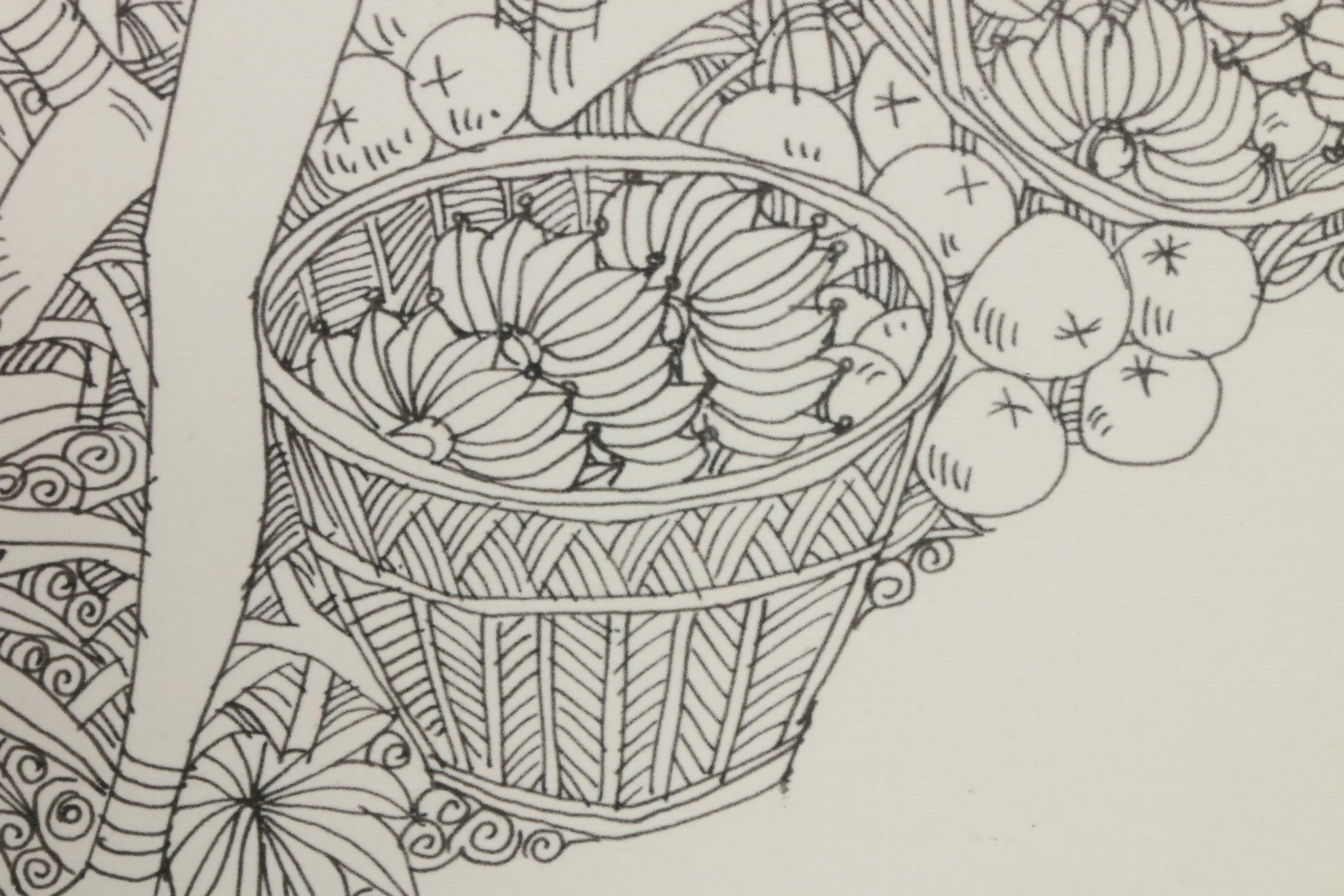 Sriboon Sanong Ink Drawing of Women Carrying Baskets, 1974