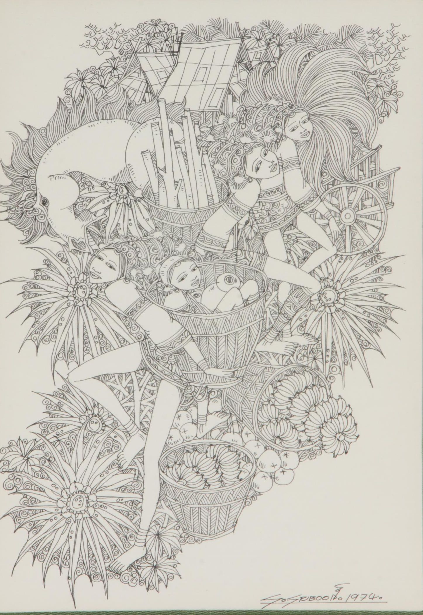 Sriboon Sanong Ink Drawing of Women Carrying Baskets, 1974
