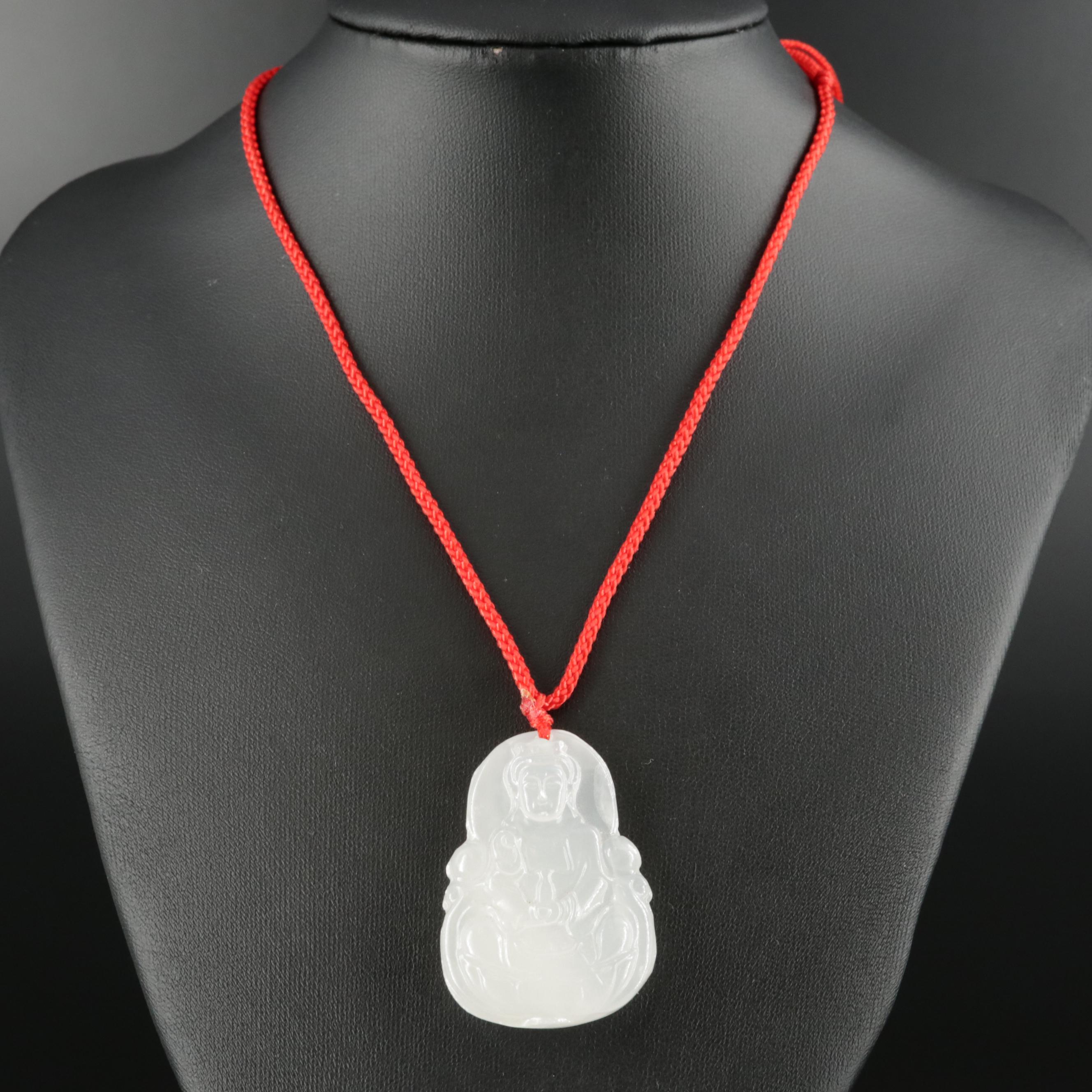 Carved Calcite Buddha Pendant Necklace and Jadeite Bracelet