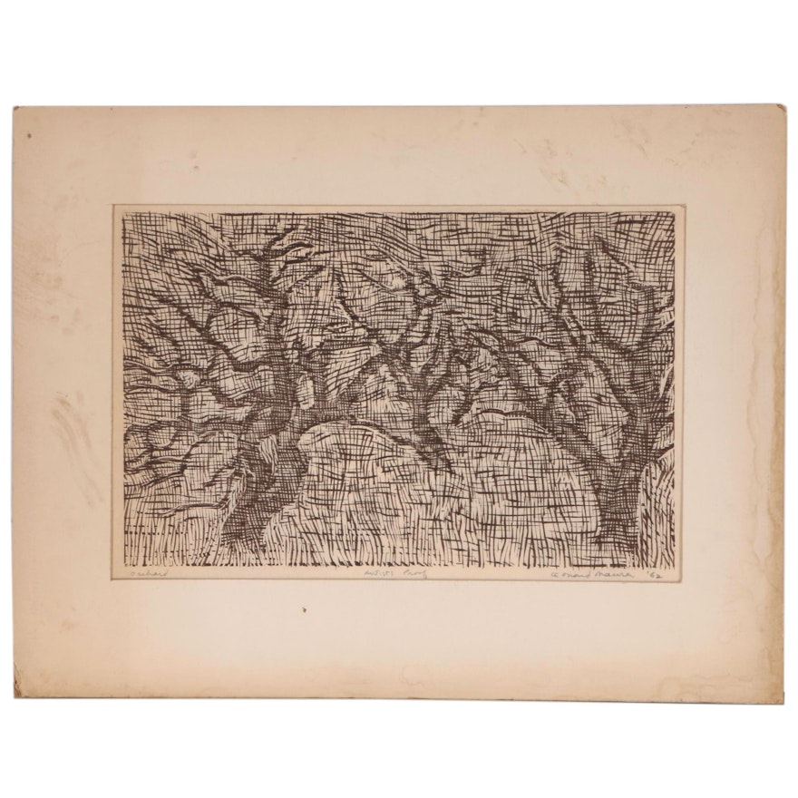 Leonard Maurer Woodcut "Orchard", 1962