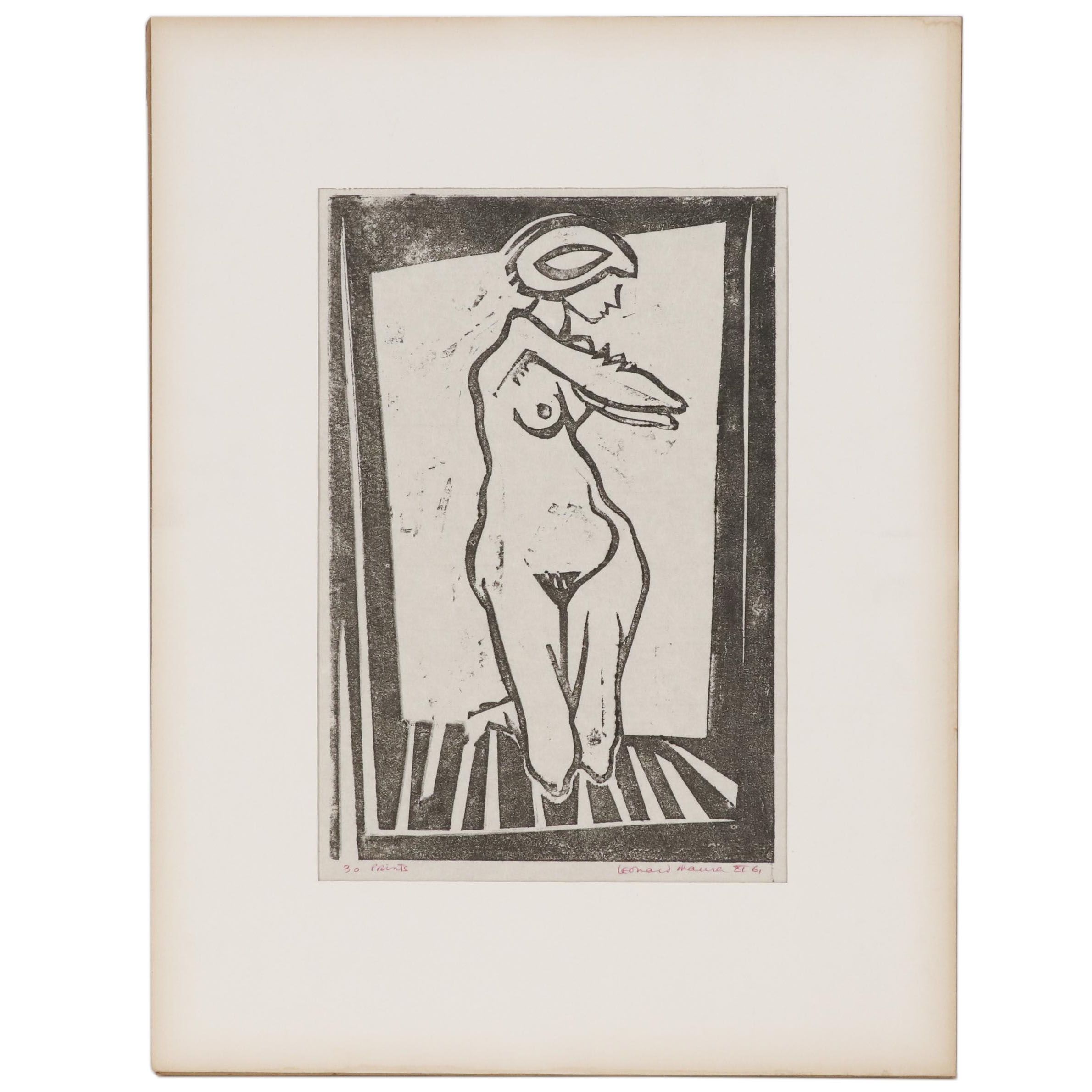 Leonard Maurer Woodcut of Kneeling Female Nude, 1961
