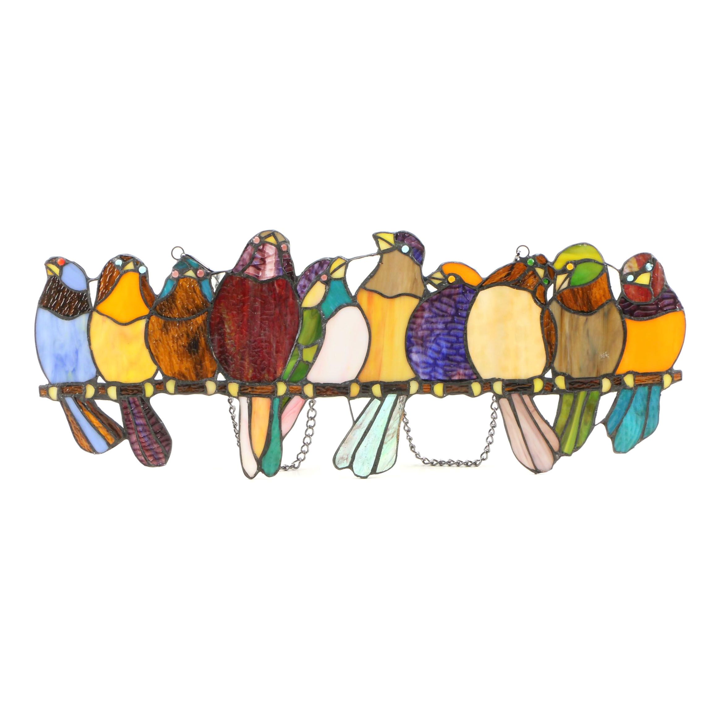 Stained Glass Birds on Branch Hanging Panel
