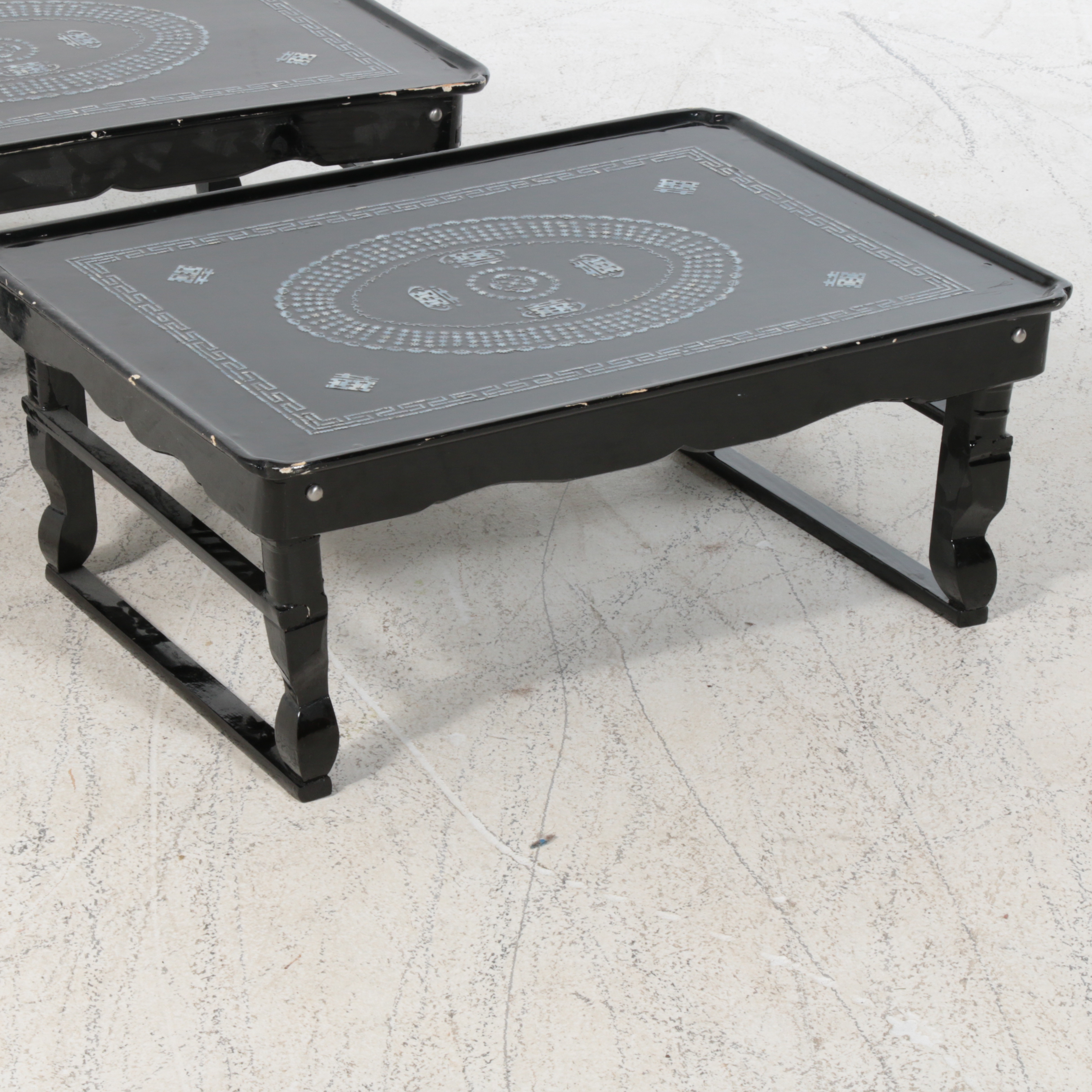 Korean Folding Tray Tables in Black Lacquer with Mother-of-Pearl Inlay