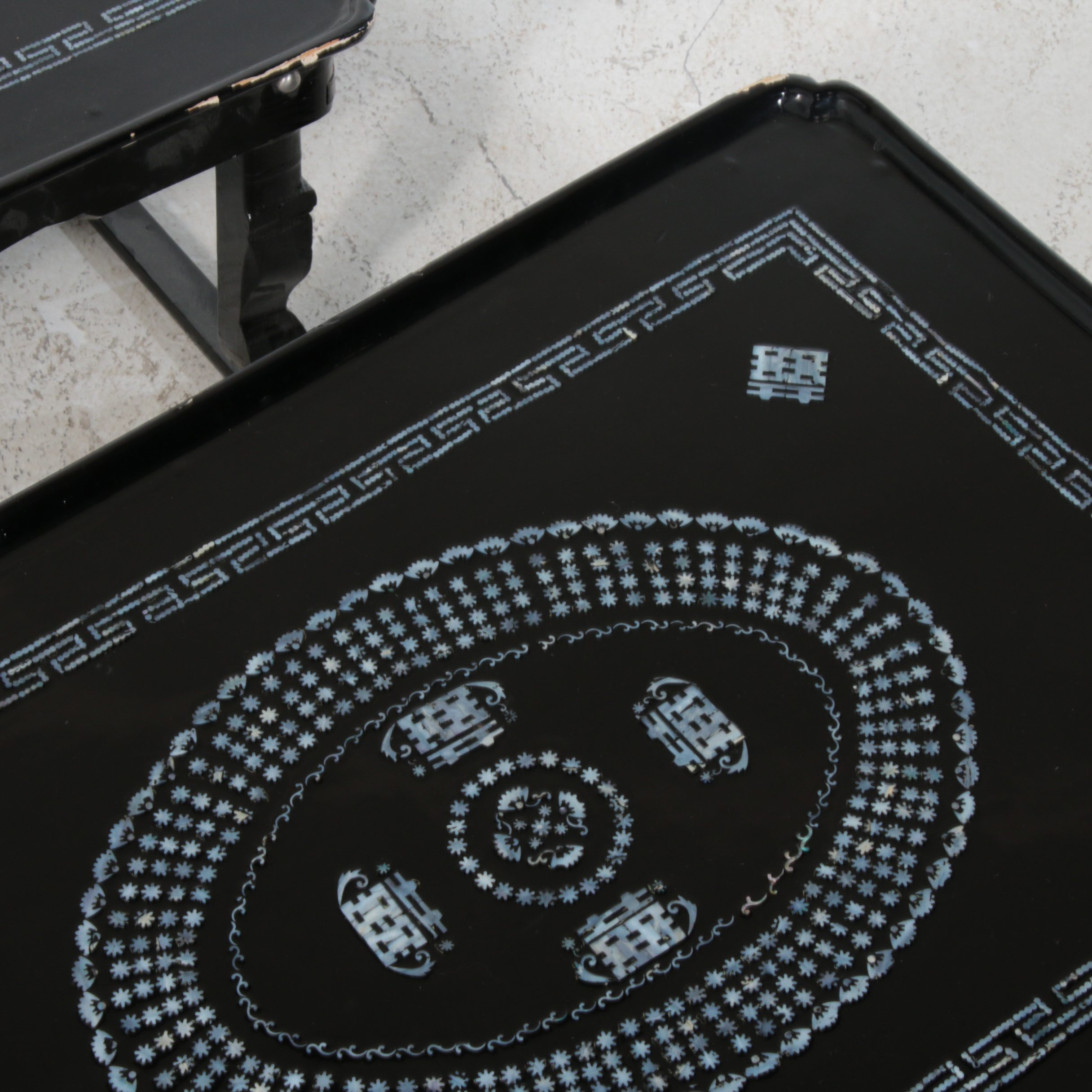 Korean Folding Tray Tables in Black Lacquer with Mother-of-Pearl Inlay