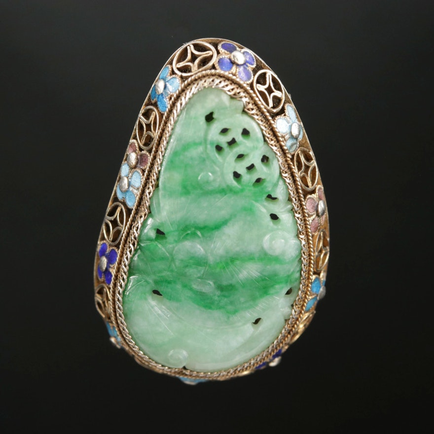 Chinese Sterling Silver Carved Jadeite Converter Brooch, Early 20th Century