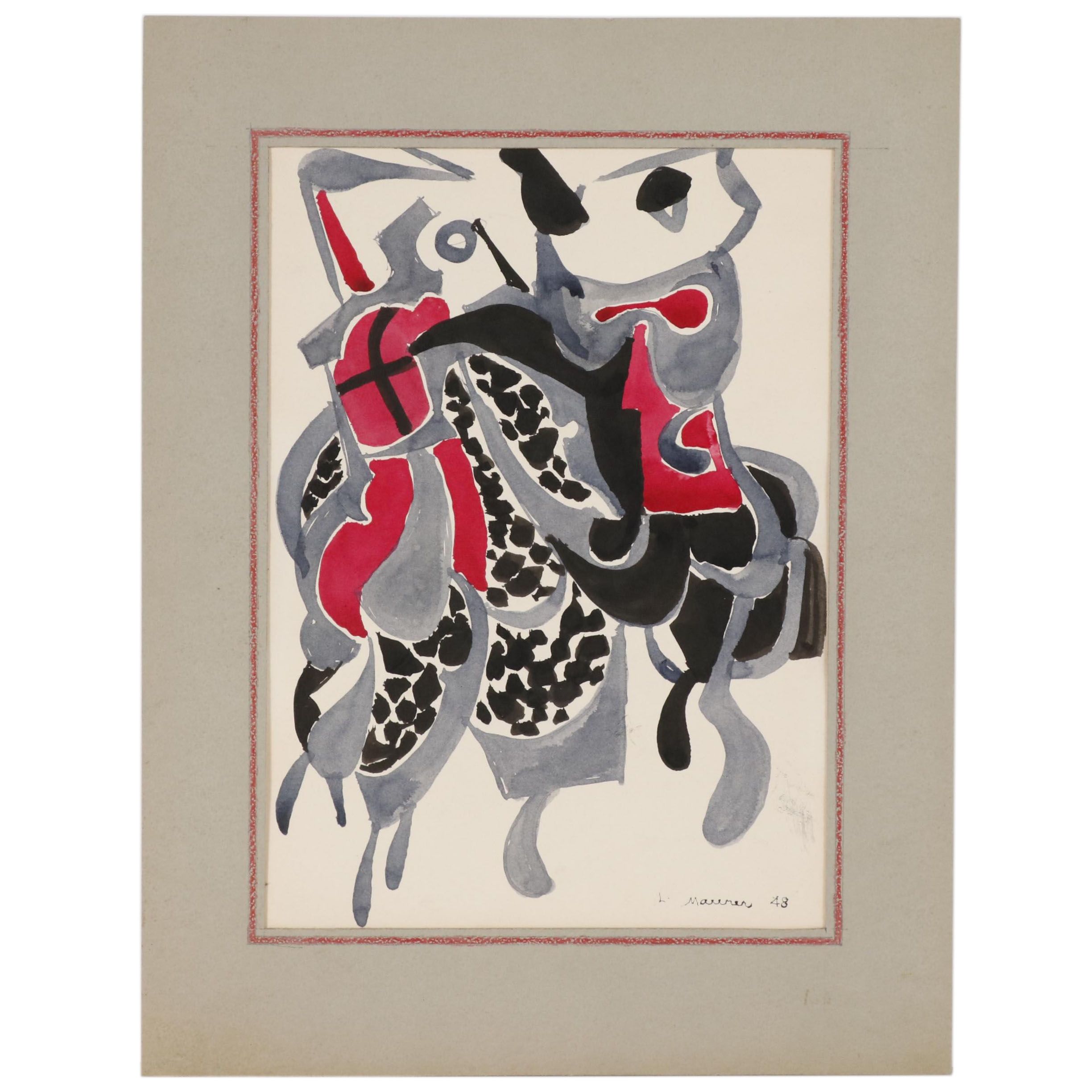 Leonard Maurer Abstract Watercolor Painting "Combat", 1948