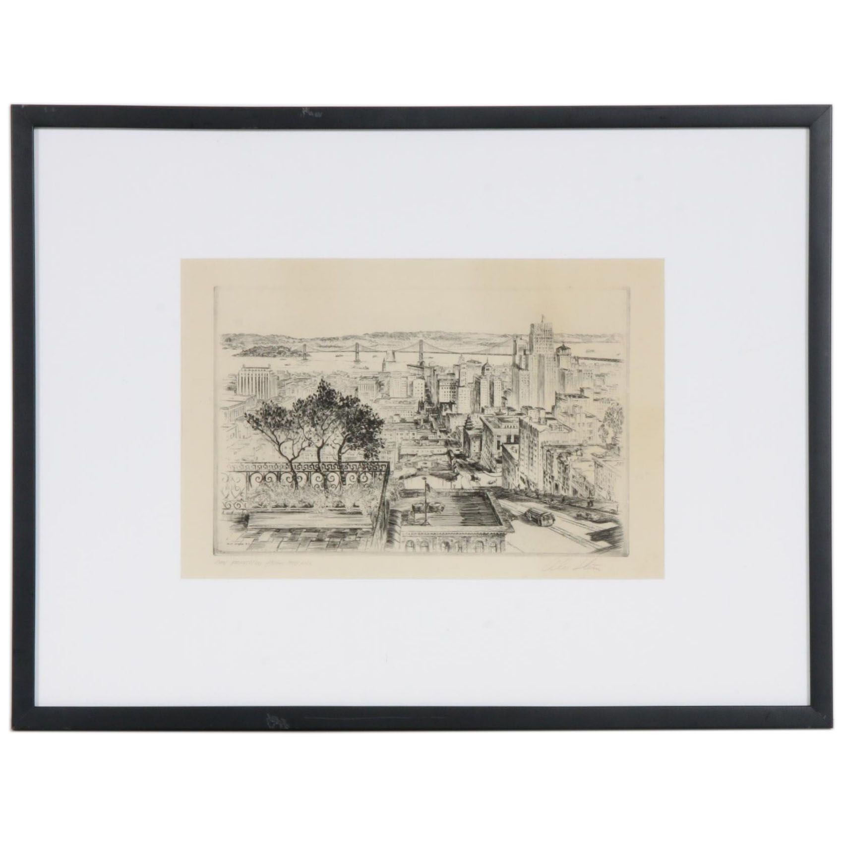 Alec Stern Drypoint Etching "San Francisco from Nob Hill," 20th Century