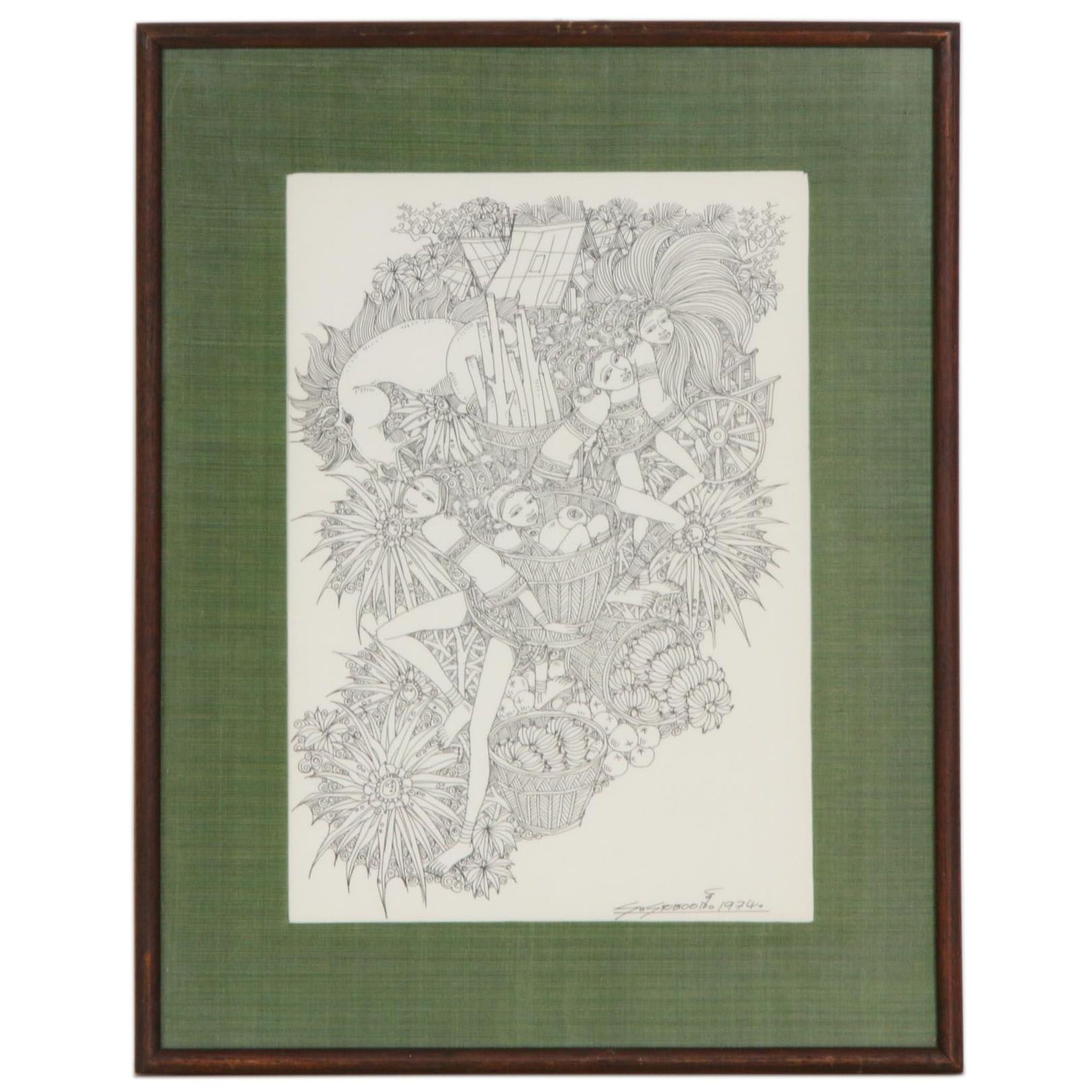 Sriboon Sanong Ink Drawing of Women Carrying Baskets, 1974