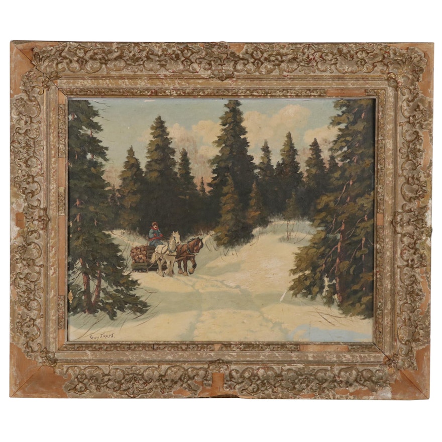 Guy Trent Oil Painting of Winter Scene with Horse Drawn Sled