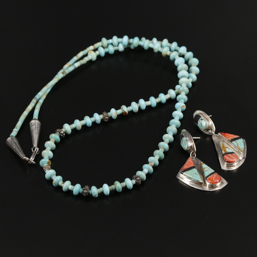 Paula Armstrong Sterling Silver Turquoise and Spiny Oyster Necklace and Earrings