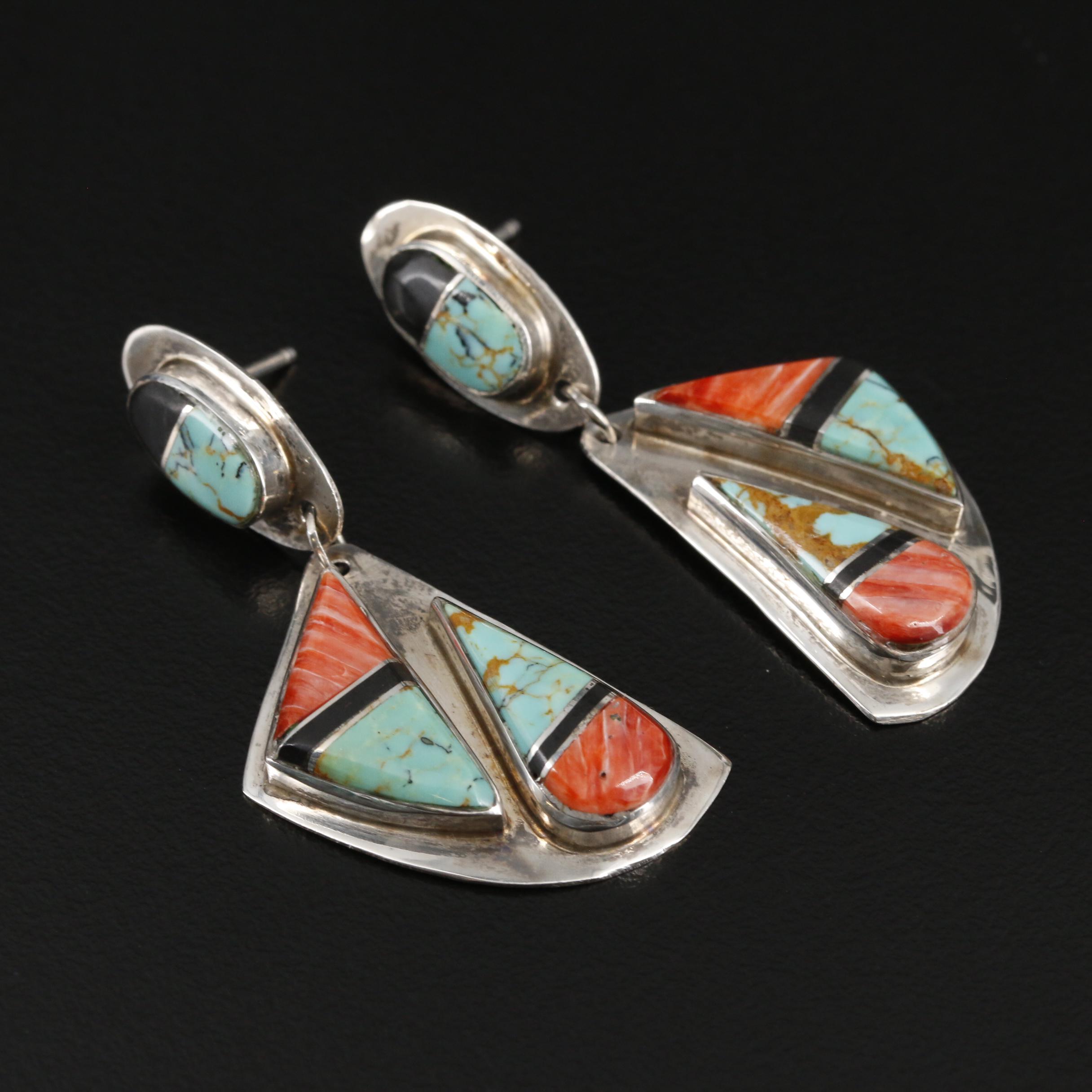 Paula Armstrong Sterling Silver Turquoise and Spiny Oyster Necklace and Earrings
