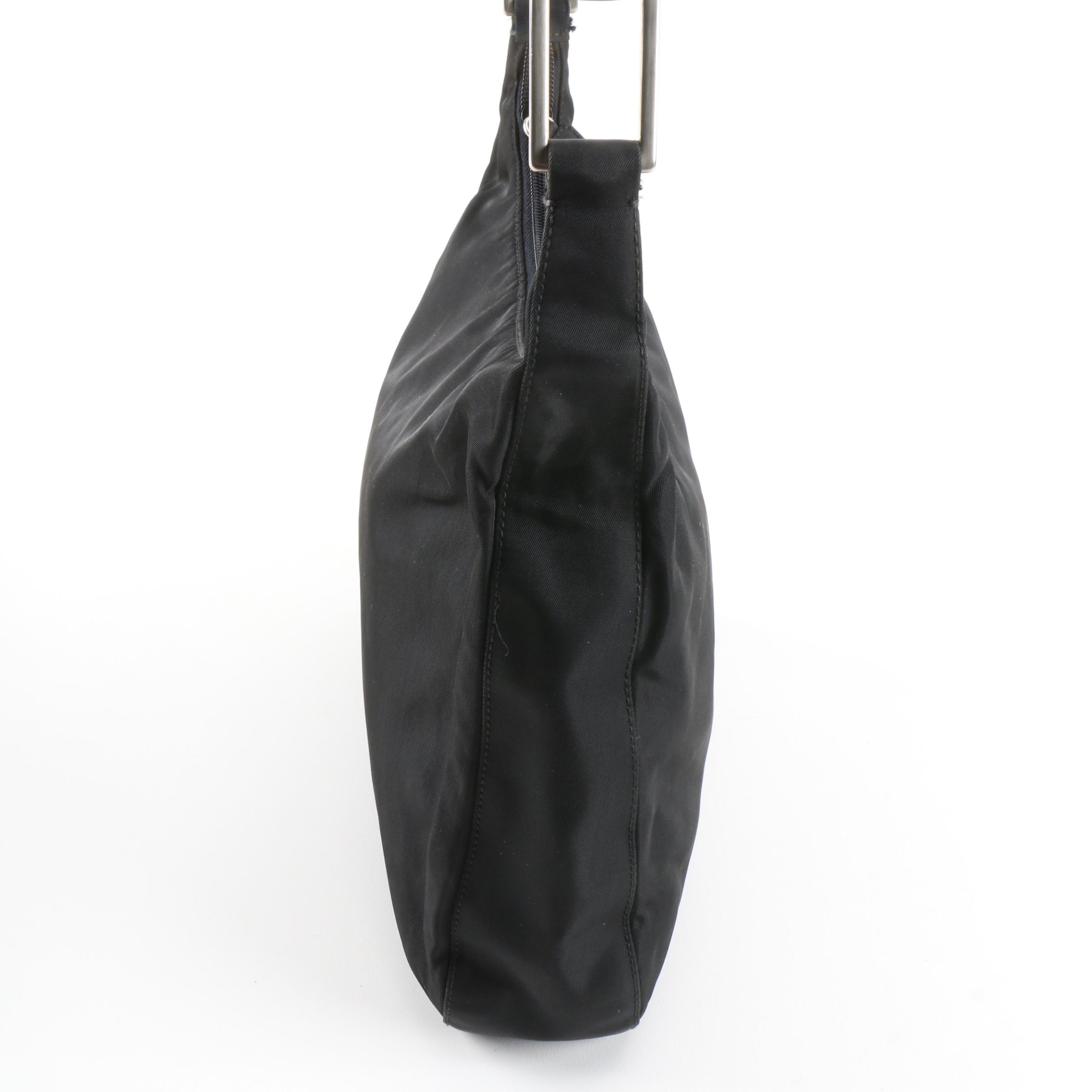 Prada Shoulder Bag in Black Tessuto Nylon with Silver Tone Metal Handle, Vintage