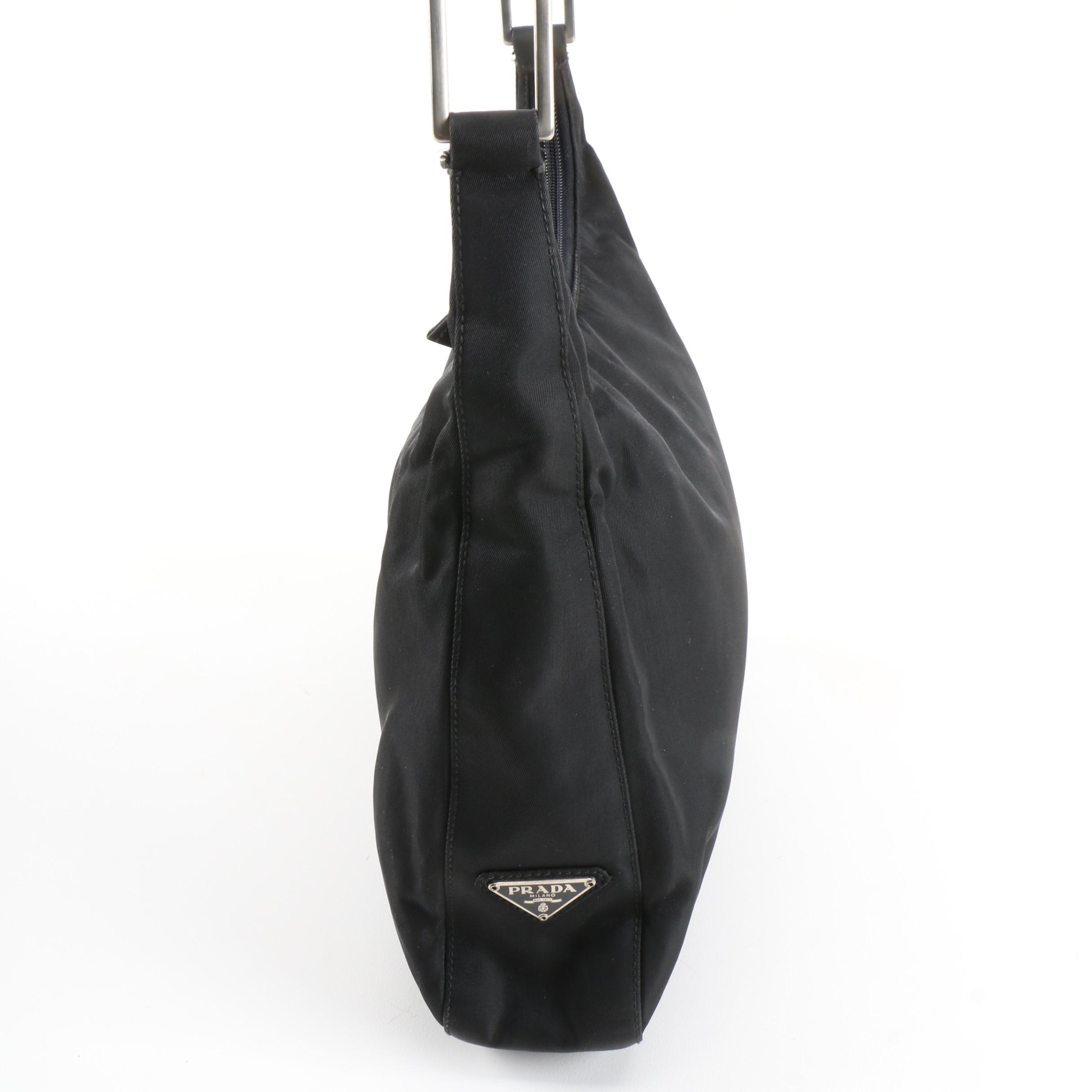 Prada Shoulder Bag in Black Tessuto Nylon with Silver Tone Metal Handle, Vintage