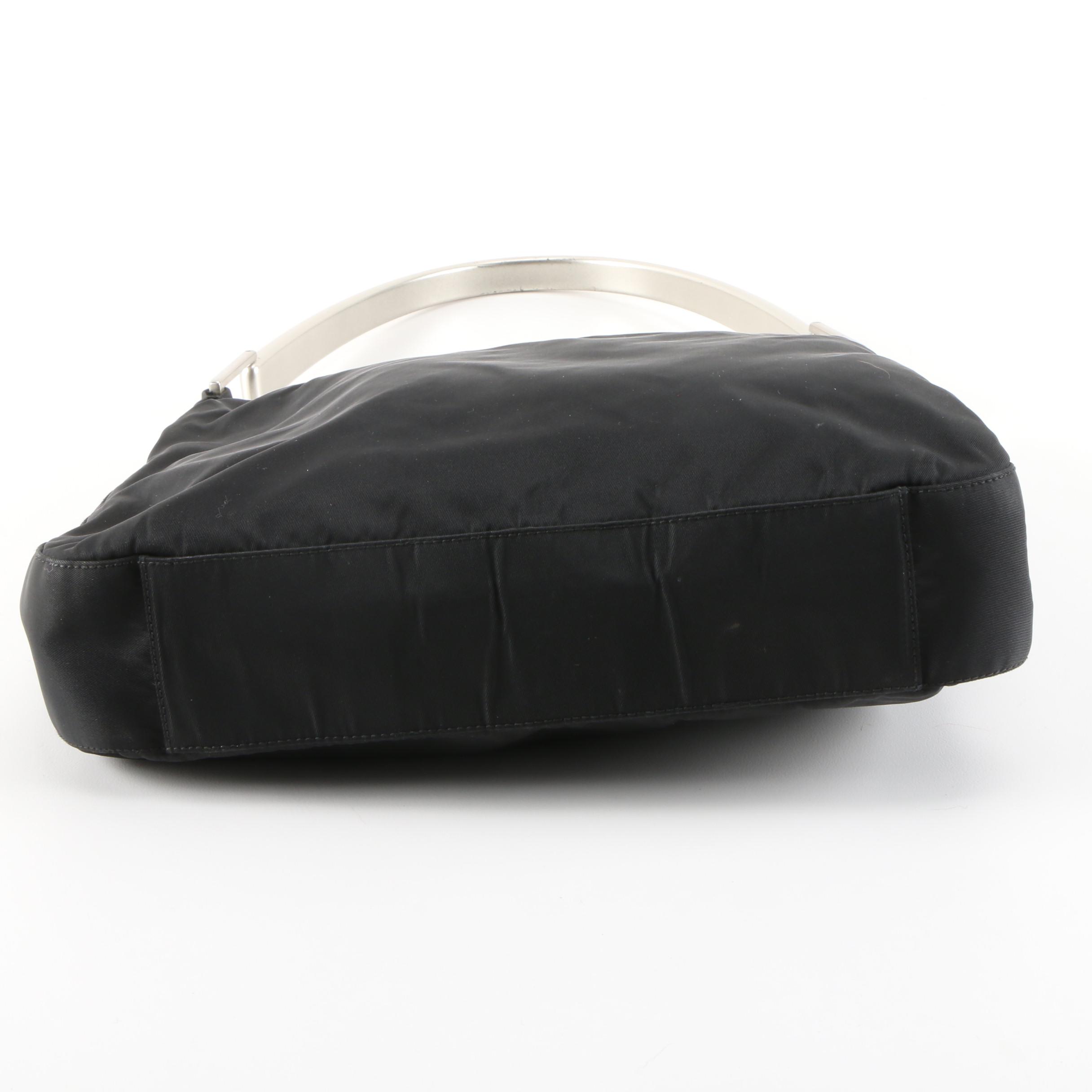 Prada Shoulder Bag in Black Tessuto Nylon with Silver Tone Metal Handle, Vintage
