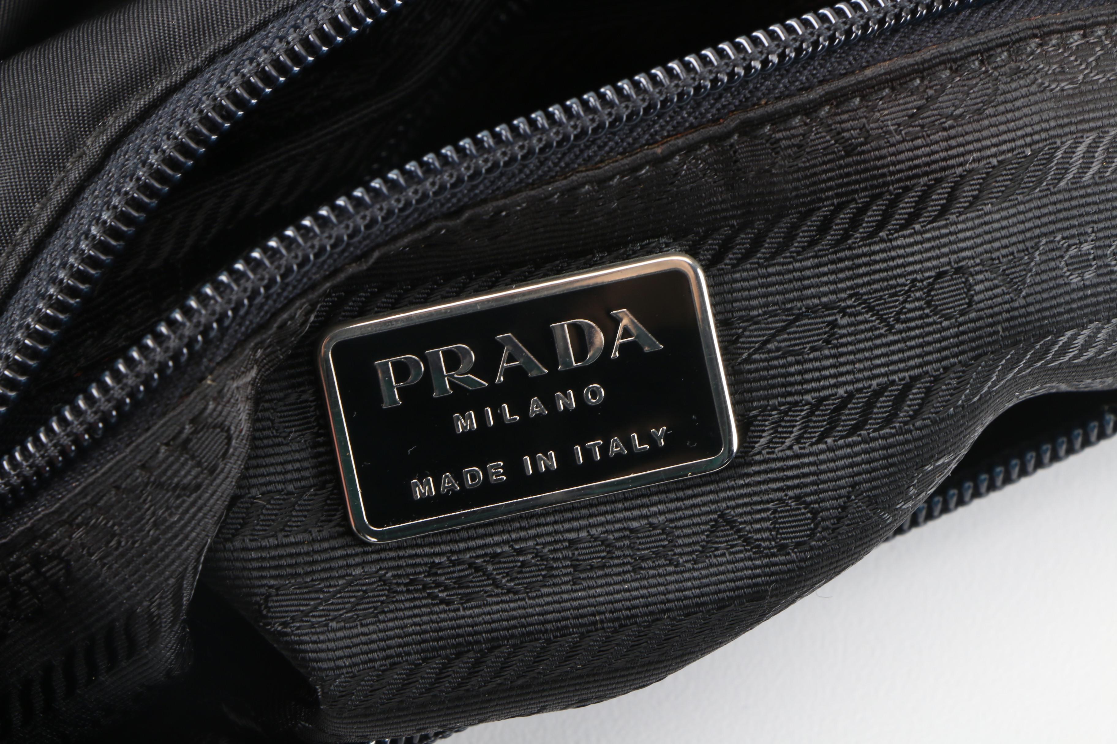 Prada Shoulder Bag in Black Tessuto Nylon with Silver Tone Metal Handle, Vintage