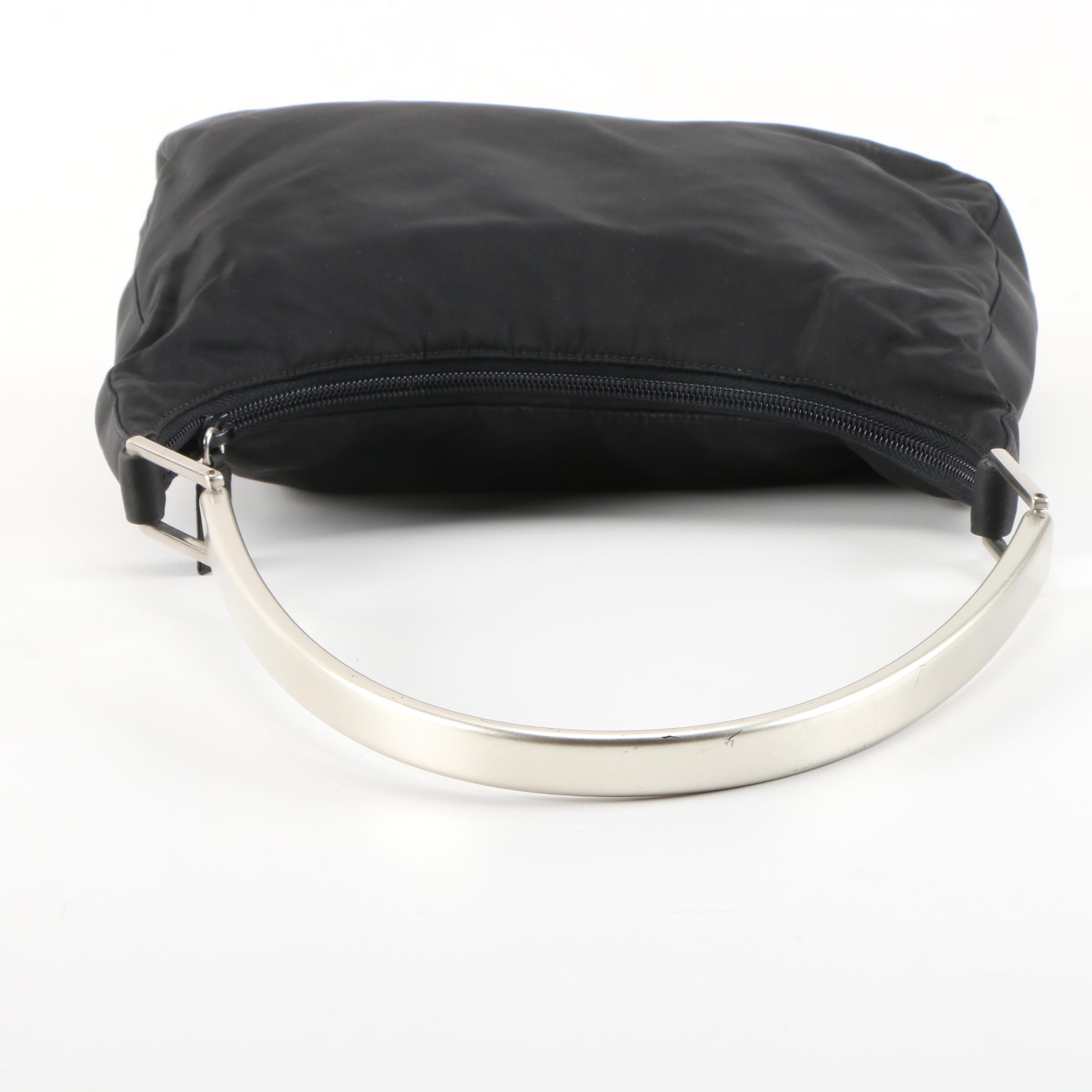 Prada Shoulder Bag in Black Tessuto Nylon with Silver Tone Metal Handle, Vintage