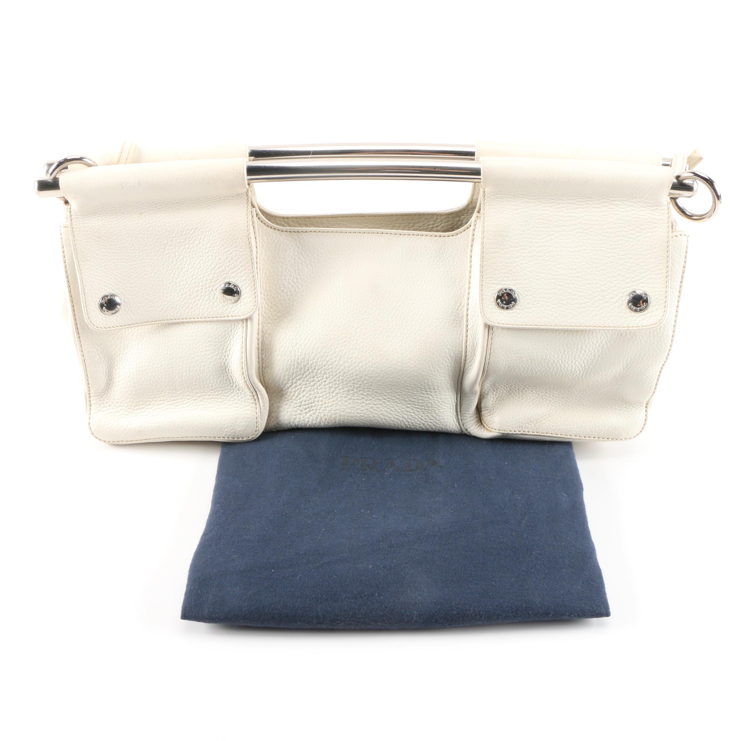 Prada Convertible Bar Handle Clutch in Pebbled Vitello Daino Calfskin Leather