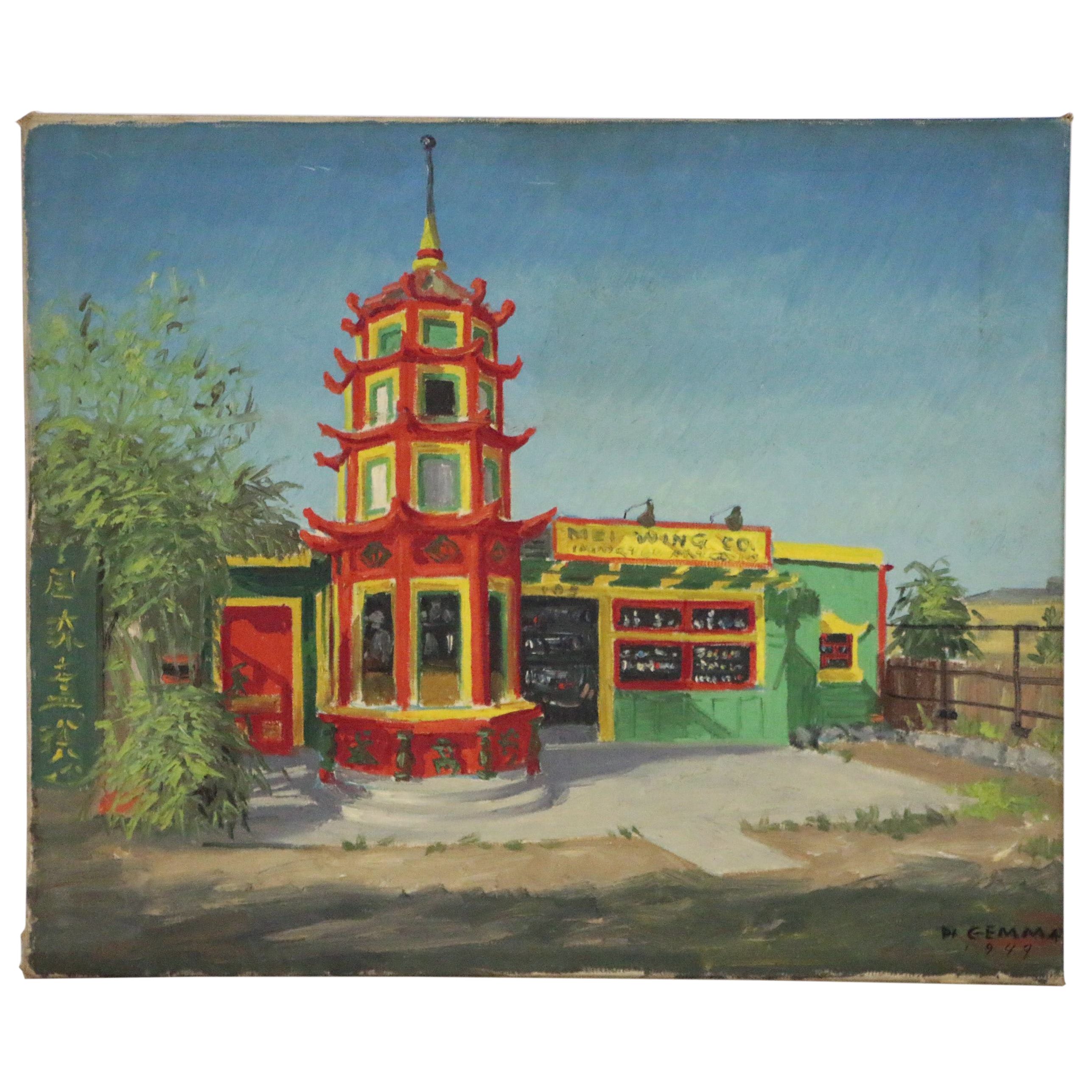 Joseph Di Gemma Oil Painting of Asian Style Architecture, 1949