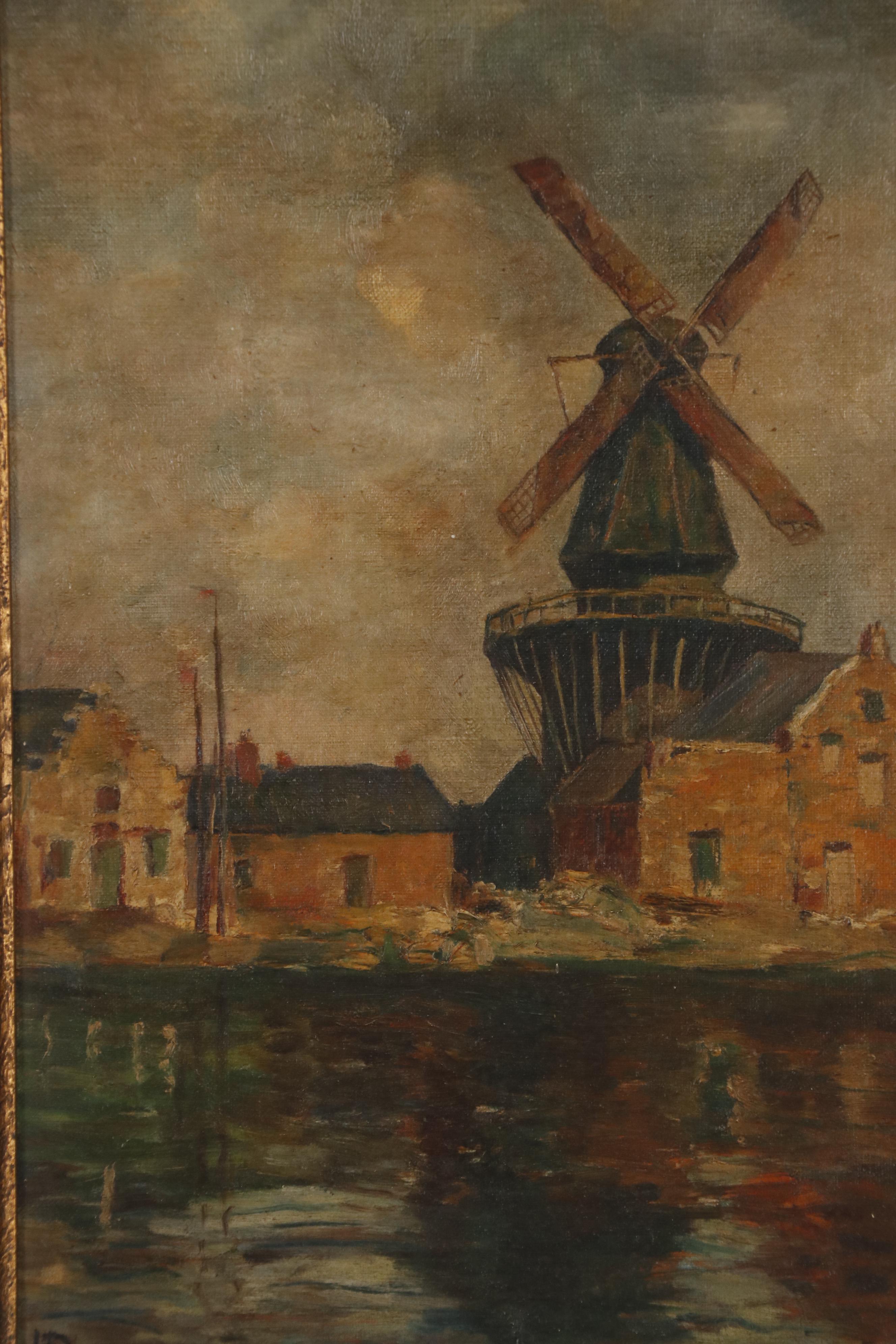 L. Becksmith Oil Painting of Coastal Village with Windmill